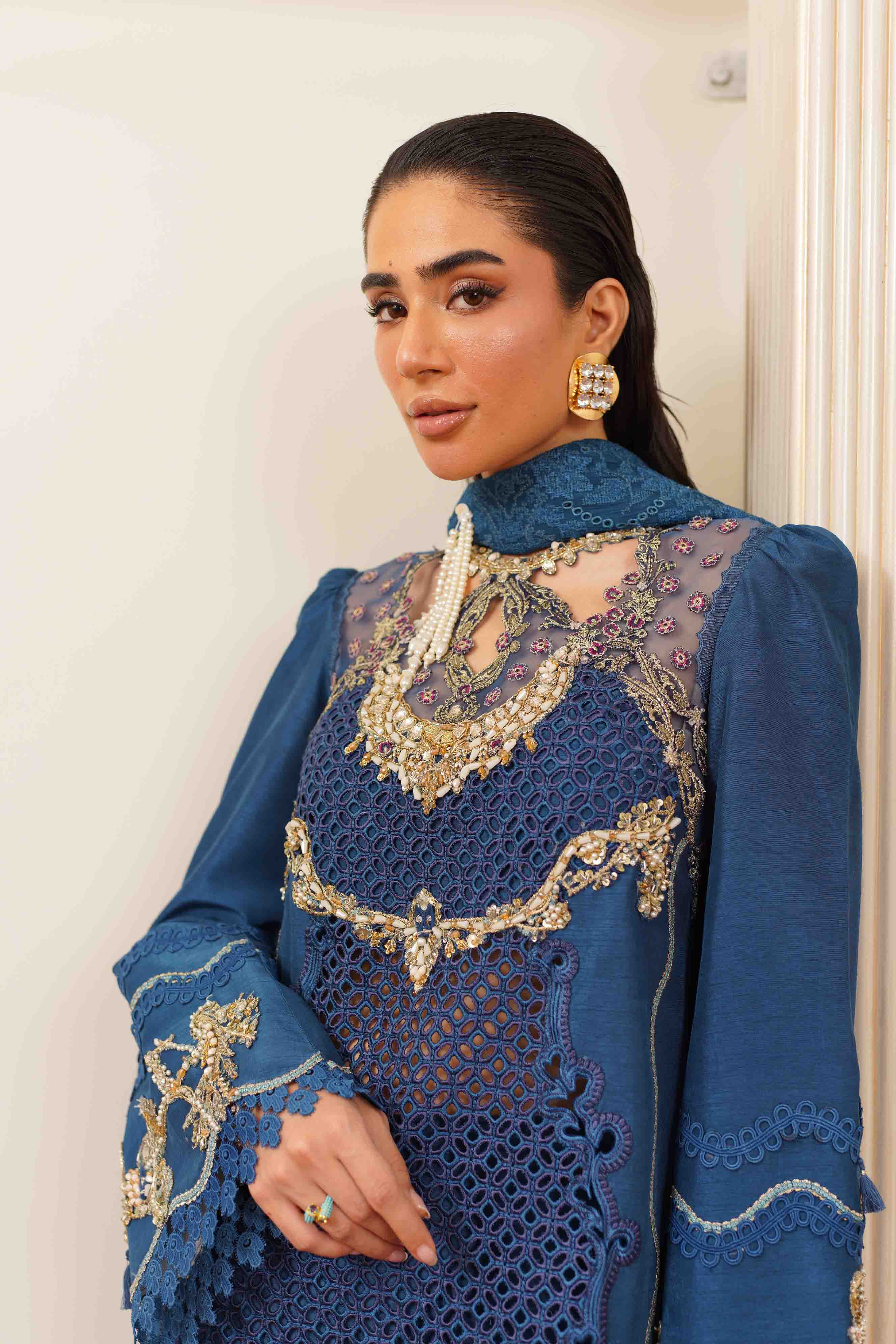 Rich Blue Embroidered Silk Salwar Kameez (3-Piece) - Image 5