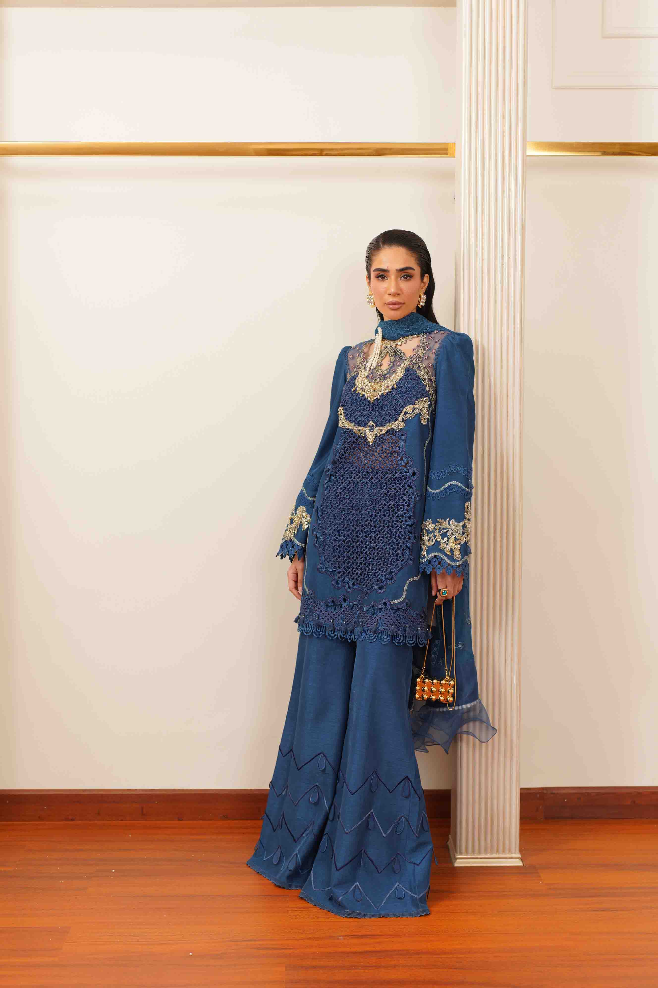 Rich Blue Embroidered Silk Salwar Kameez (3-Piece) - Image 6