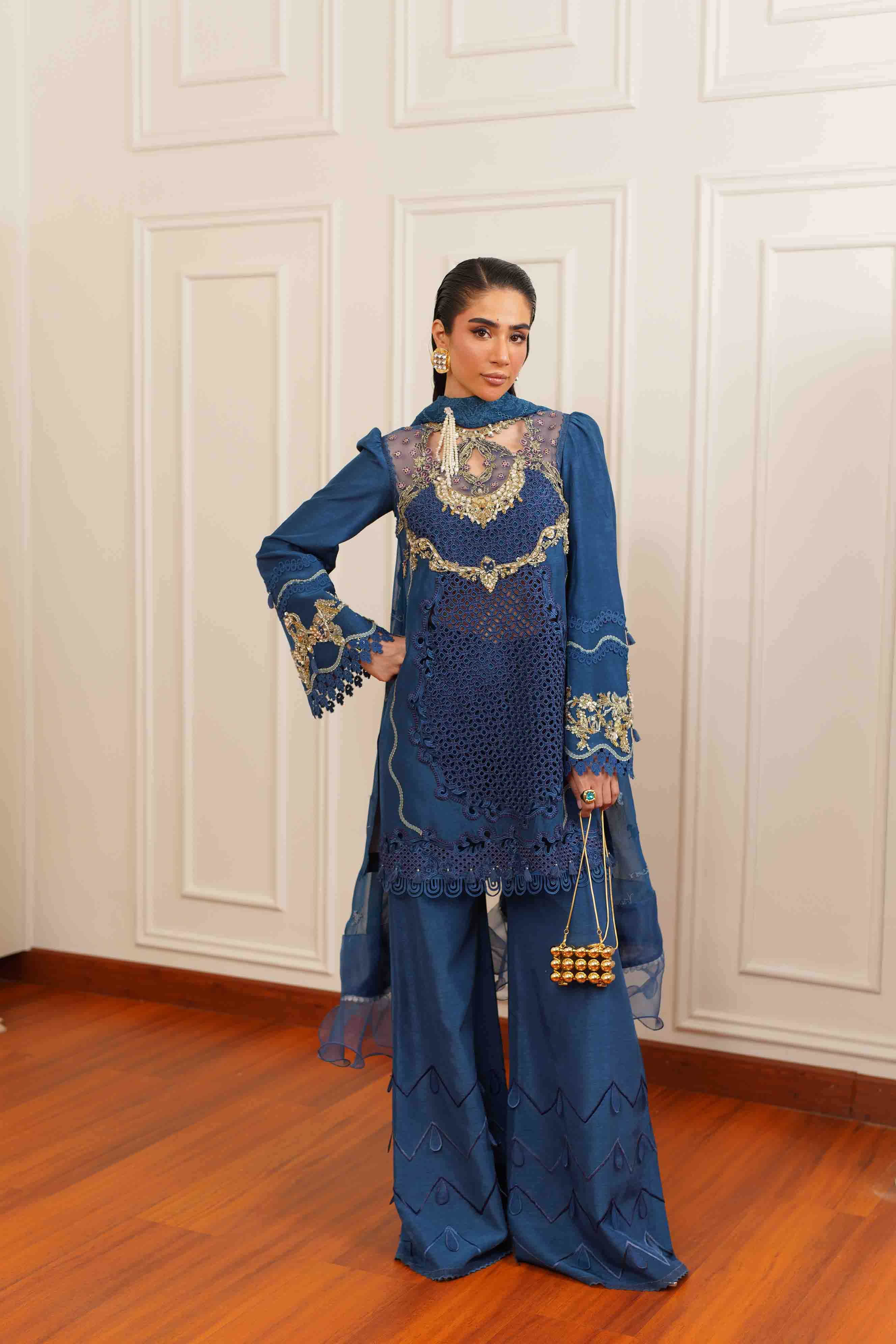 Rich Blue Embroidered Silk Salwar Kameez (3-Piece) - Image 7