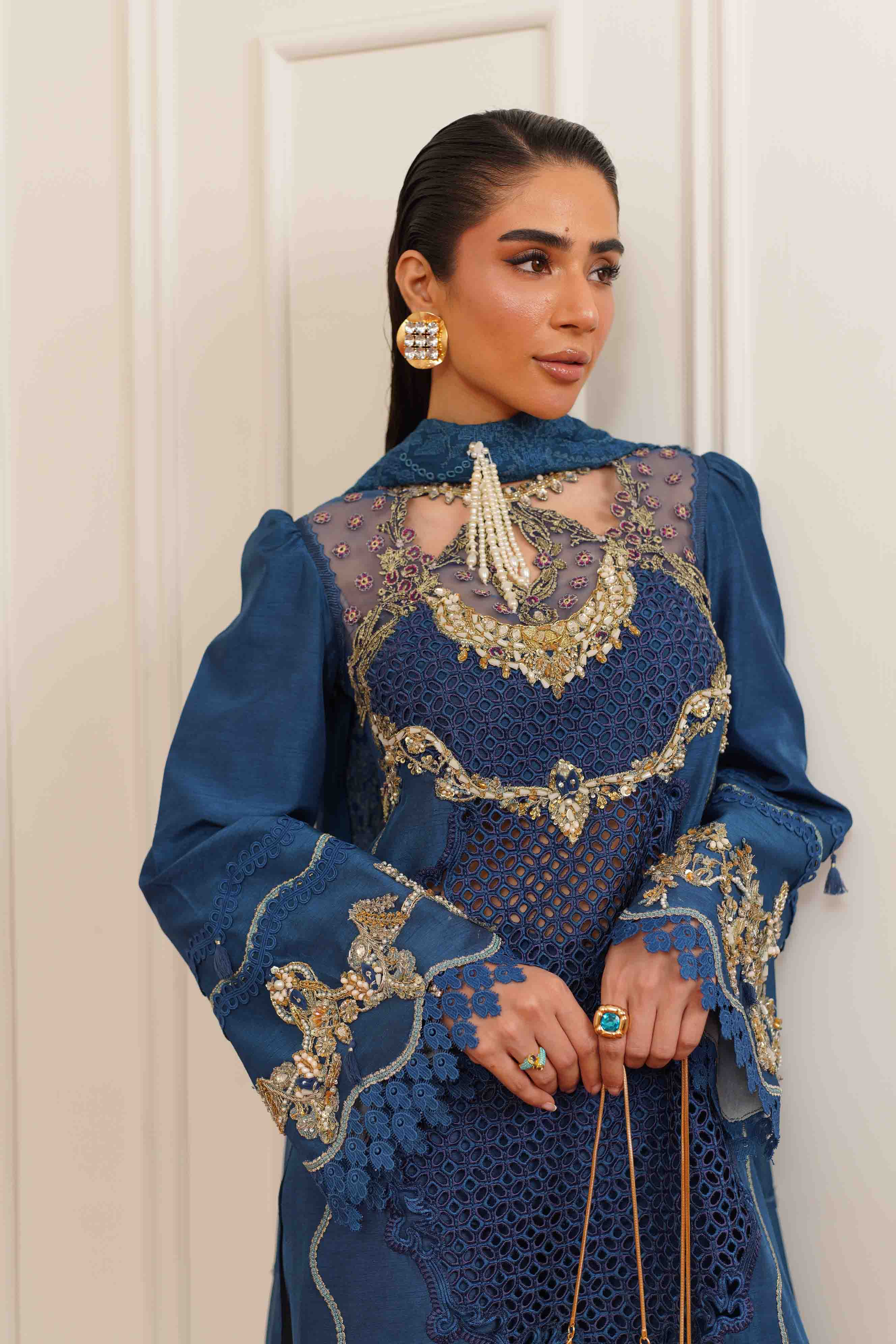 Rich Blue Embroidered Silk Salwar Kameez (3-Piece) - Image 8