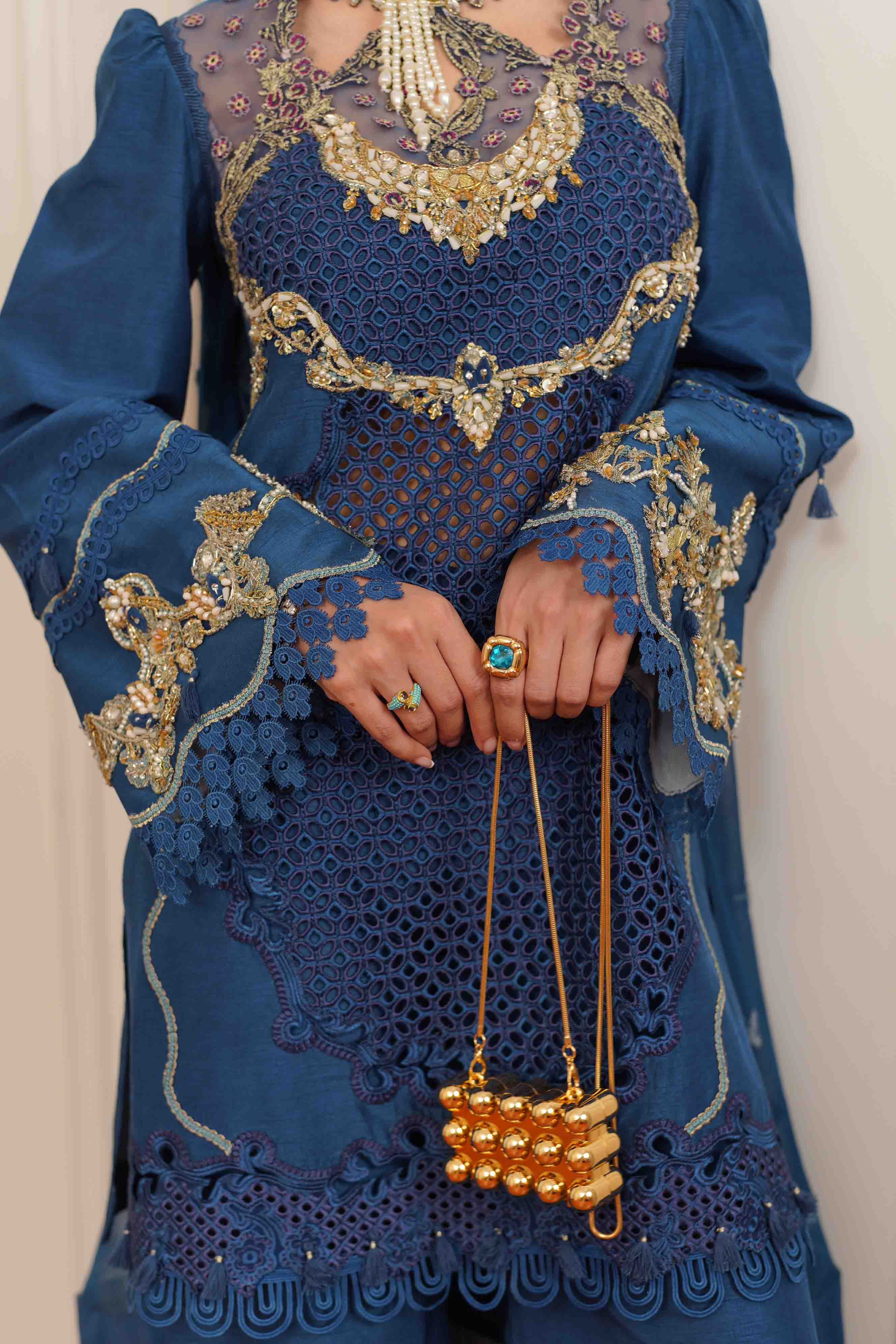 Rich Blue Embroidered Silk Salwar Kameez (3-Piece) - Image 9