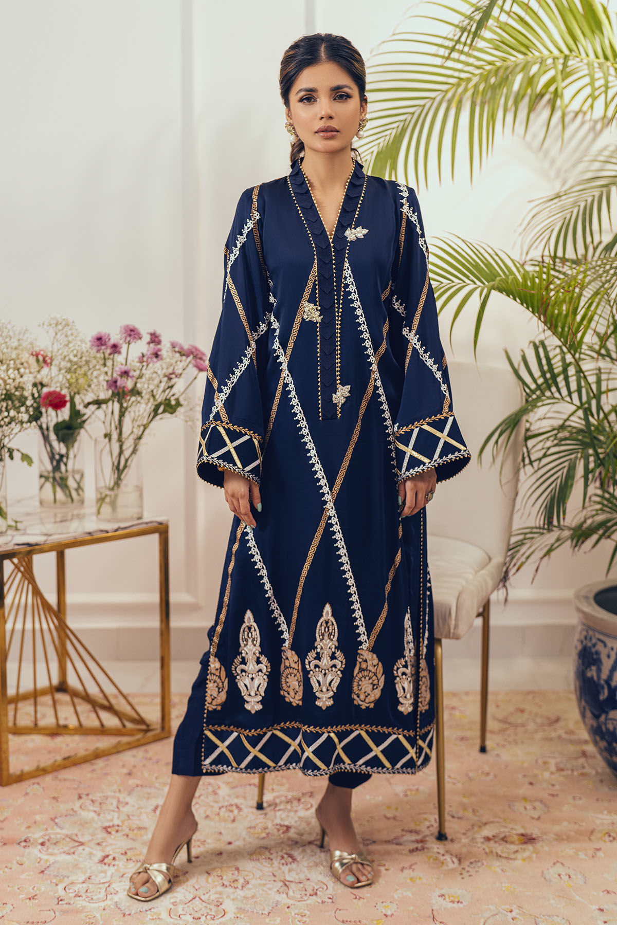 Pakistani Midnight Blue Hand Block Printed Silk Salwar Kameez (2-Piece) - Image 1