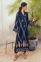 Pakistani Midnight Blue Hand Block Printed Silk Salwar Kameez (2-Piece) - Image 5