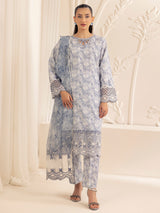 Blue Printed Silk Lawn 3-Piece Suit with Embroidery - Image 1