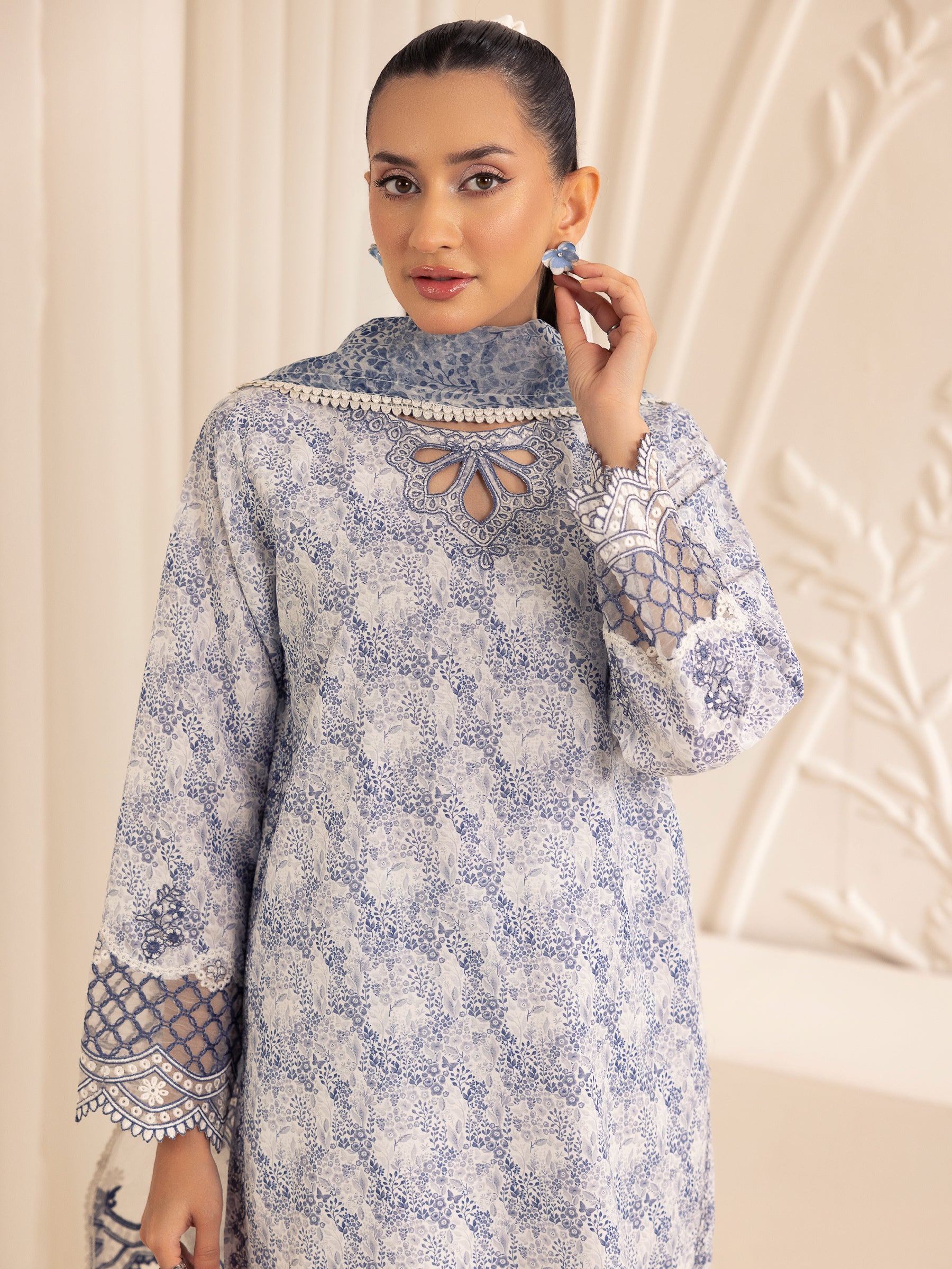 Blue Printed Silk Lawn 3-Piece Suit with Embroidery - Image 10