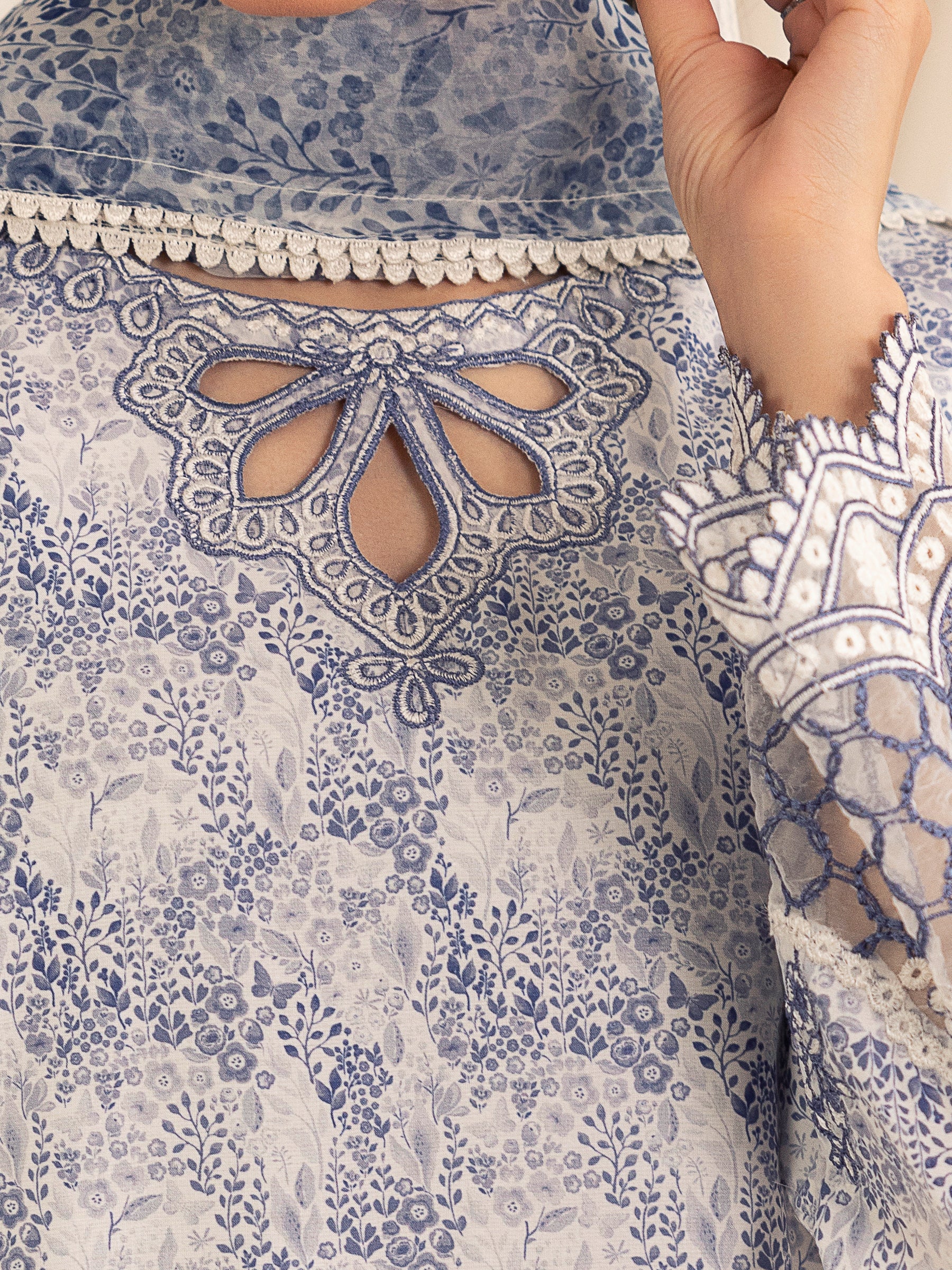 Blue Printed Silk Lawn 3-Piece Suit with Embroidery - Image 11