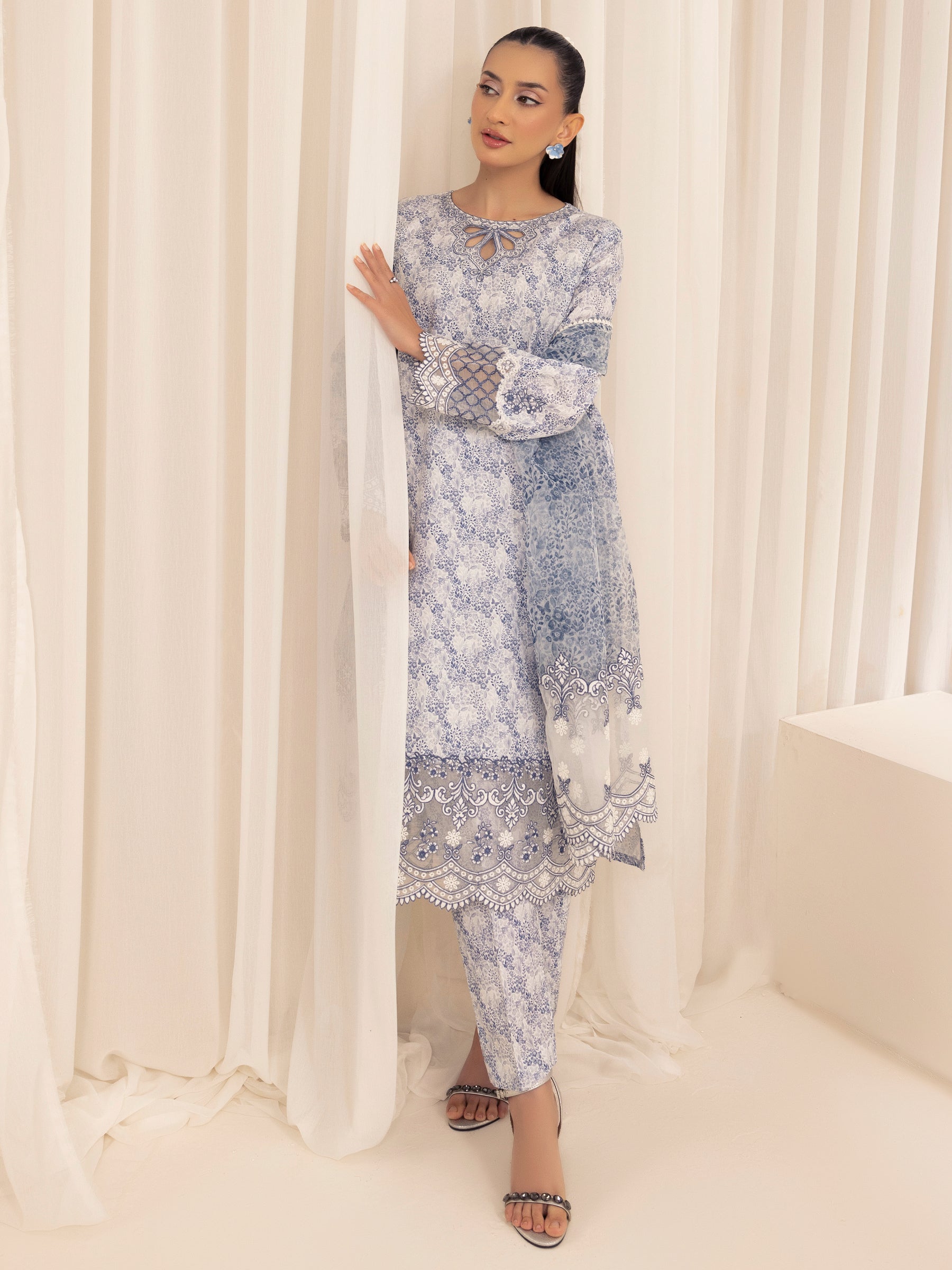 Blue Printed Silk Lawn 3-Piece Suit with Embroidery - Image 12