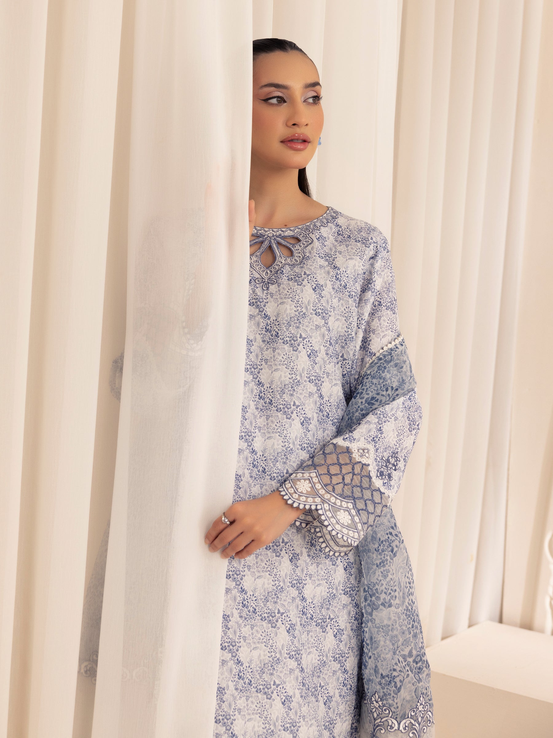 Blue Printed Silk Lawn 3-Piece Suit with Embroidery - Image 13