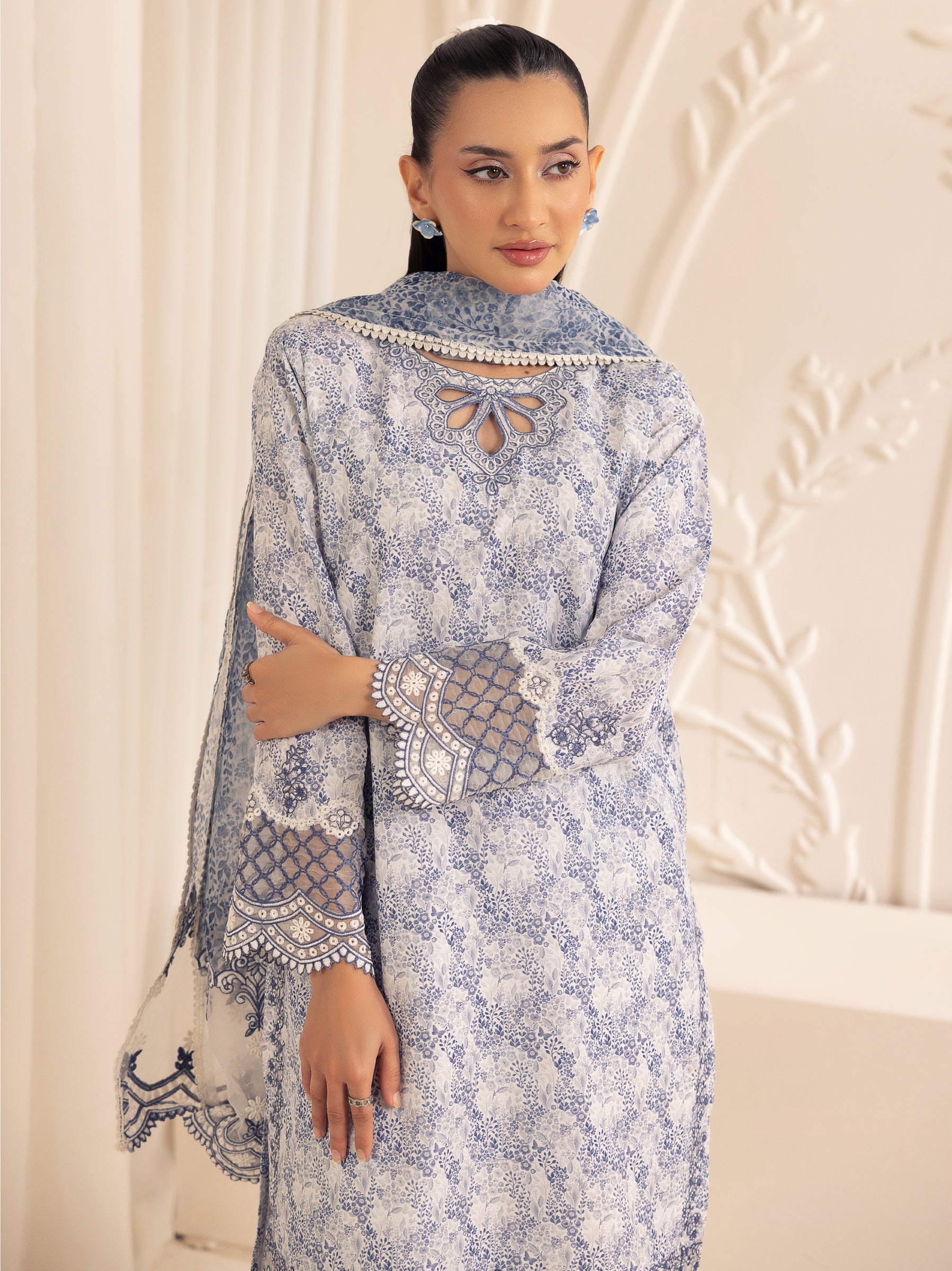 Blue Printed Silk Lawn 3-Piece Suit with Embroidery - Image 15