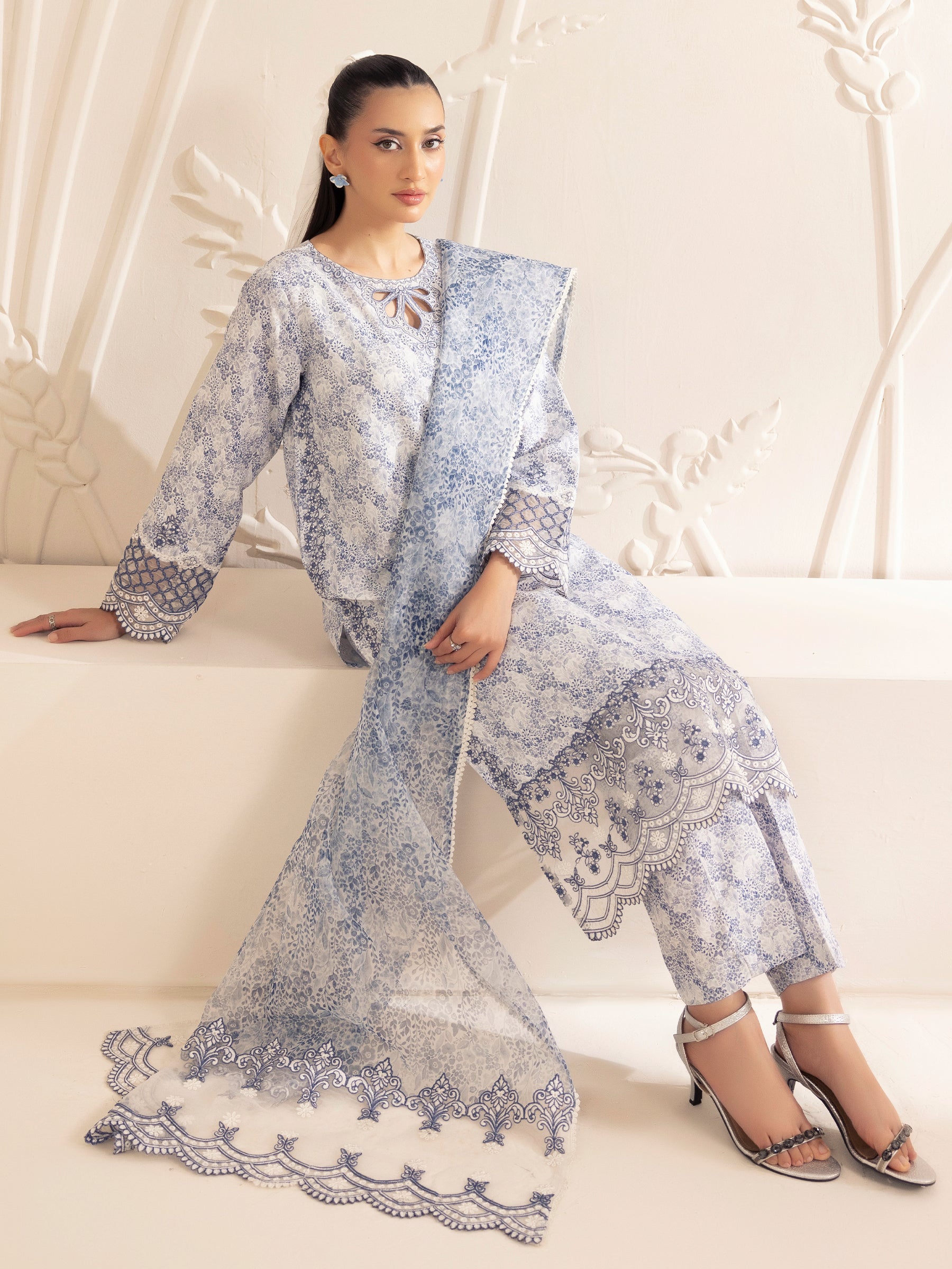 Blue Printed Silk Lawn 3-Piece Suit with Embroidery - Image 17
