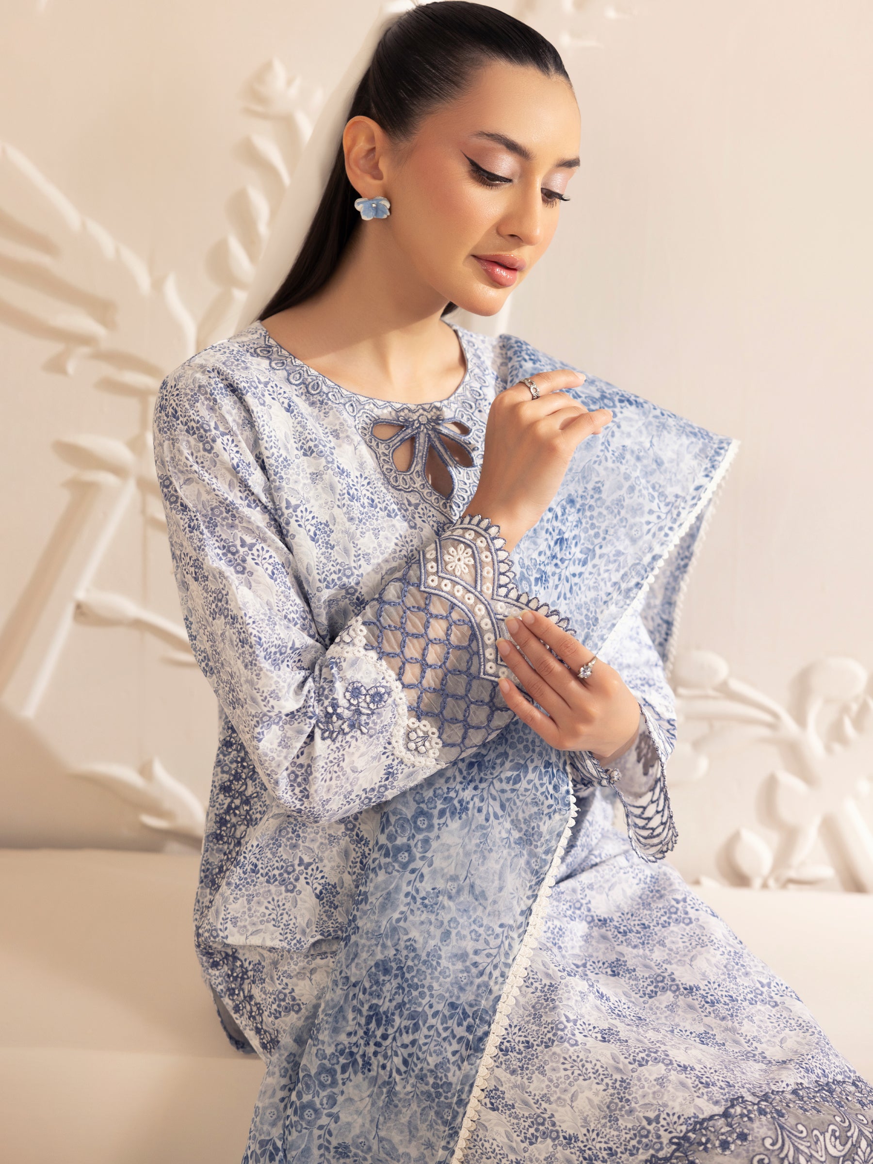 Blue Printed Silk Lawn 3-Piece Suit with Embroidery - Image 18