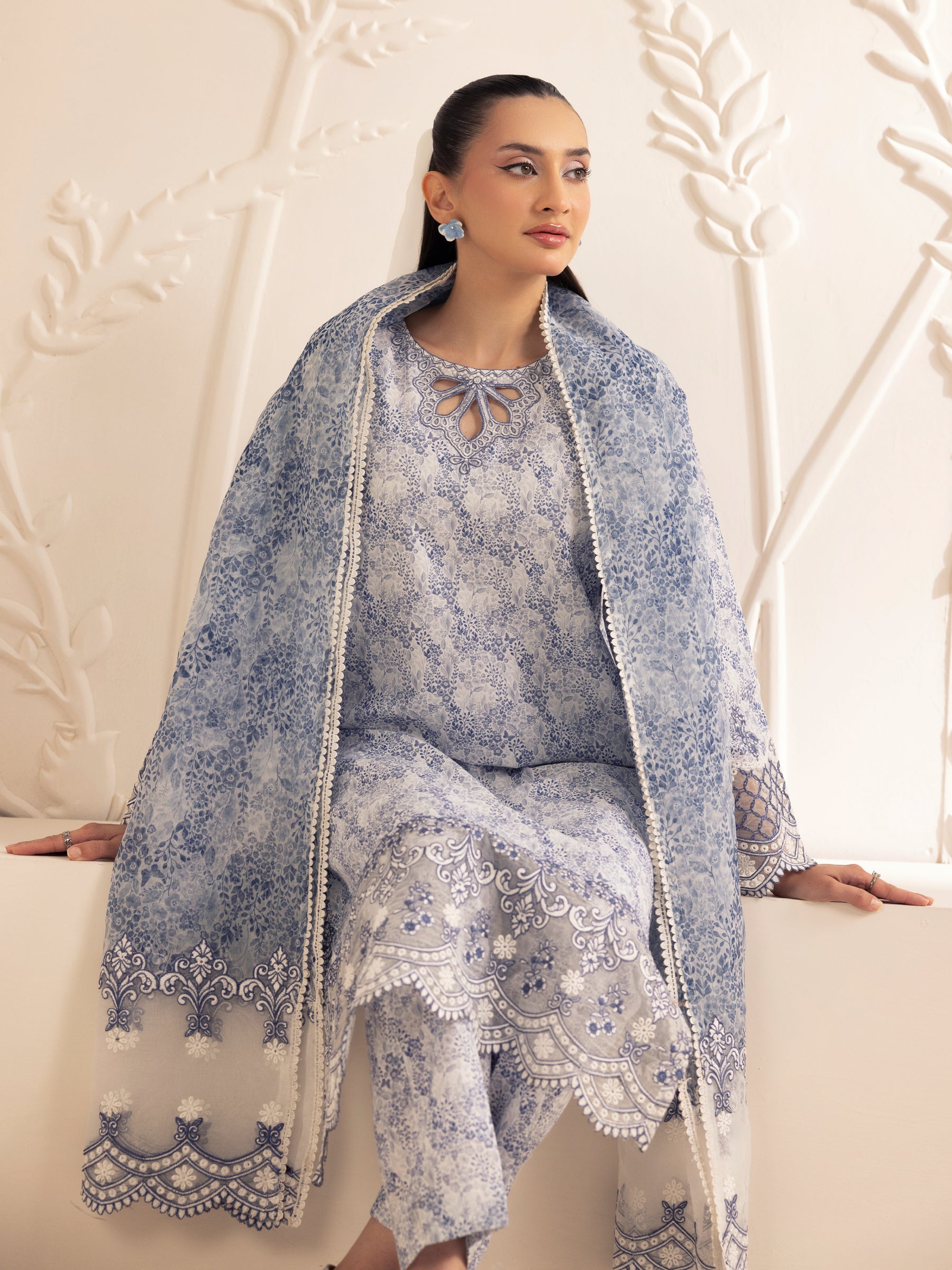 Blue Printed Silk Lawn 3-Piece Suit with Embroidery - Image 19