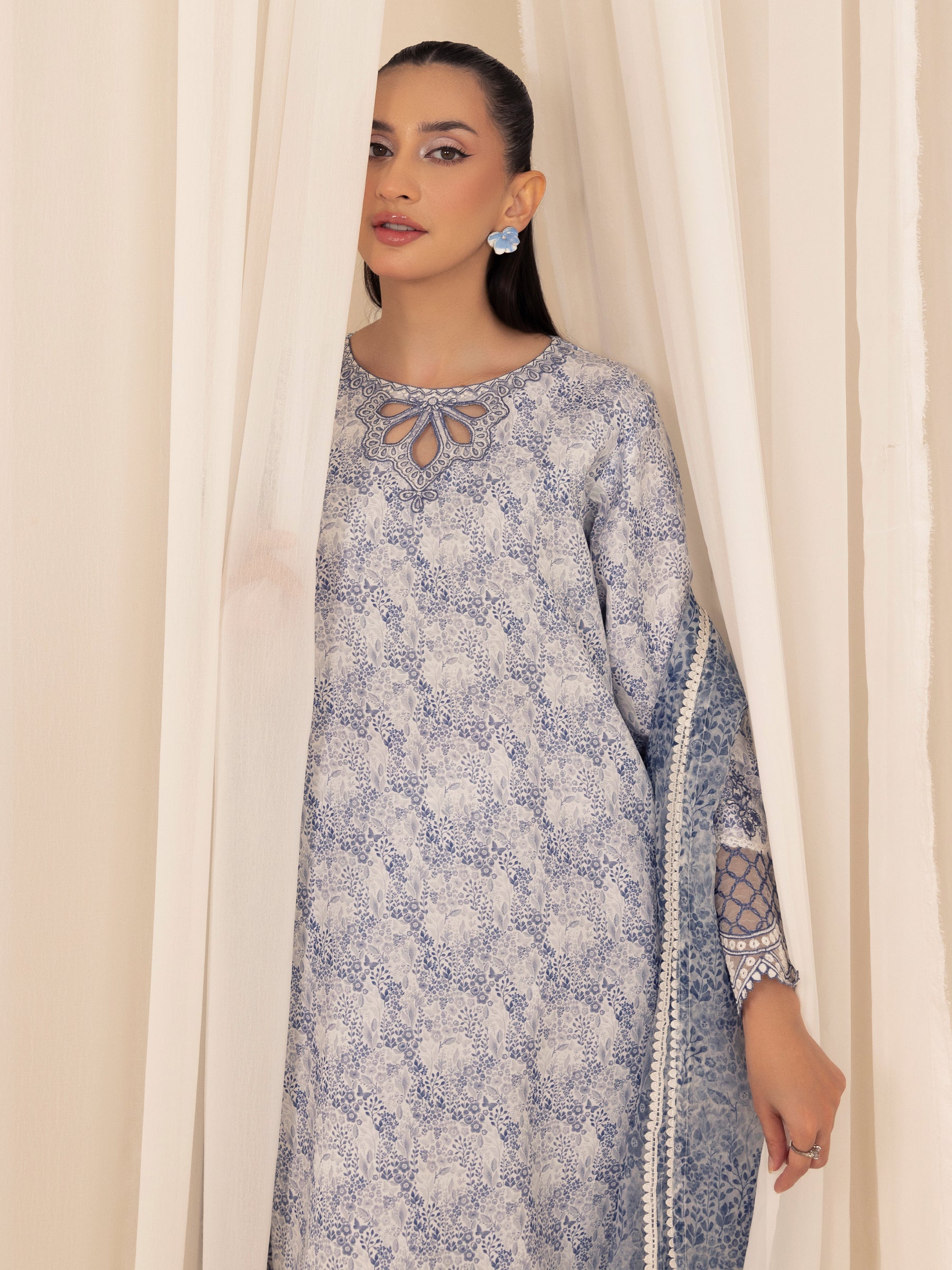 Blue Printed Silk Lawn 3-Piece Suit with Embroidery - Image 20