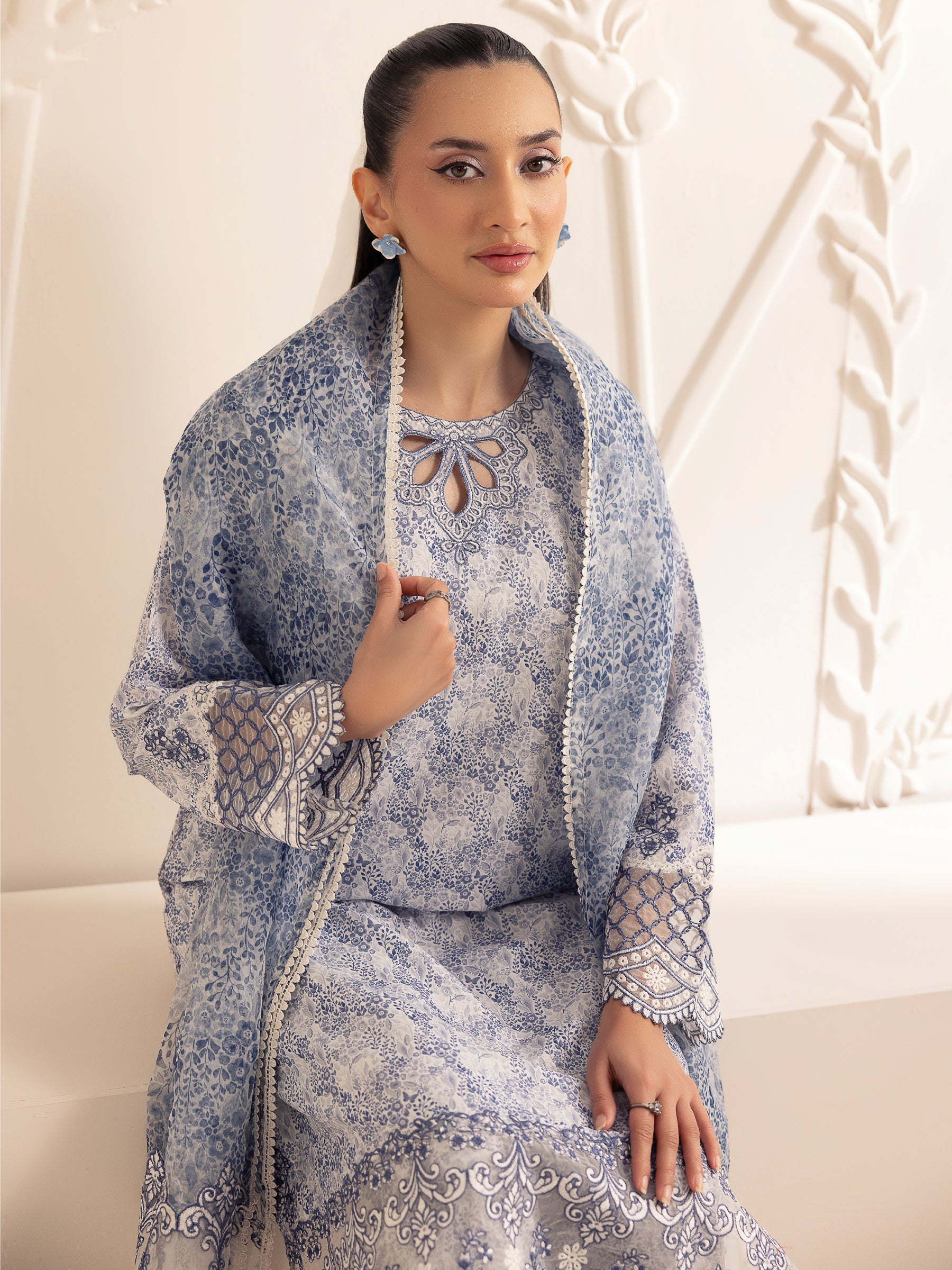 Blue Printed Silk Lawn 3-Piece Suit with Embroidery - Image 21
