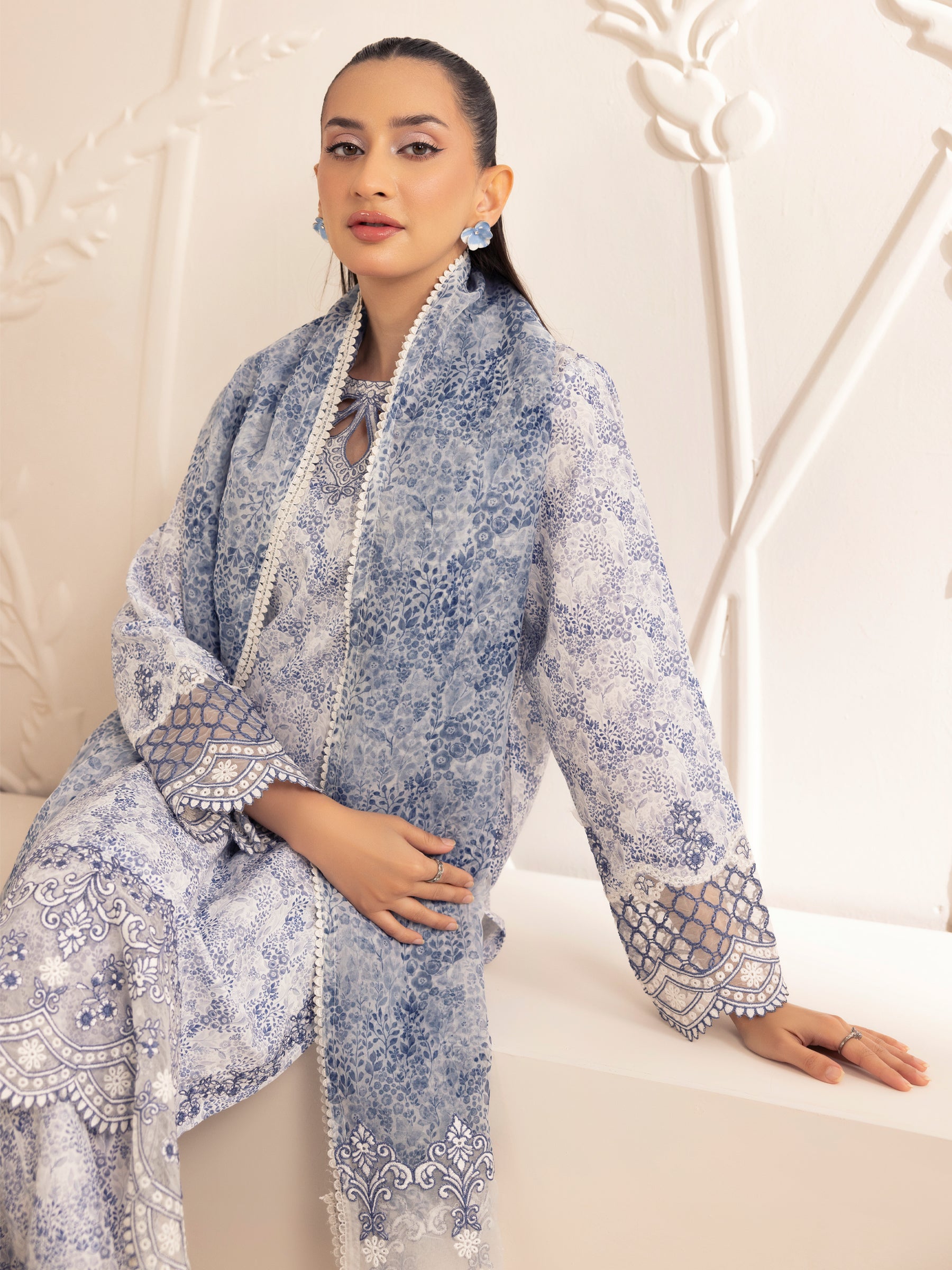Blue Printed Silk Lawn 3-Piece Suit with Embroidery - Image 23