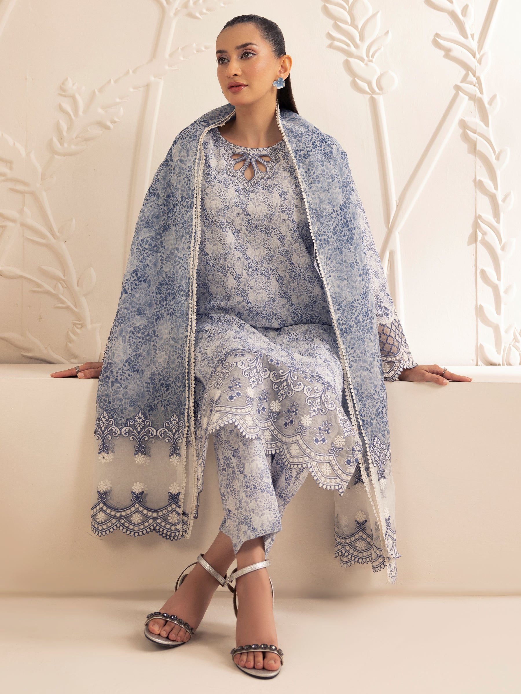 Blue Printed Silk Lawn 3-Piece Suit with Embroidery - Image 24