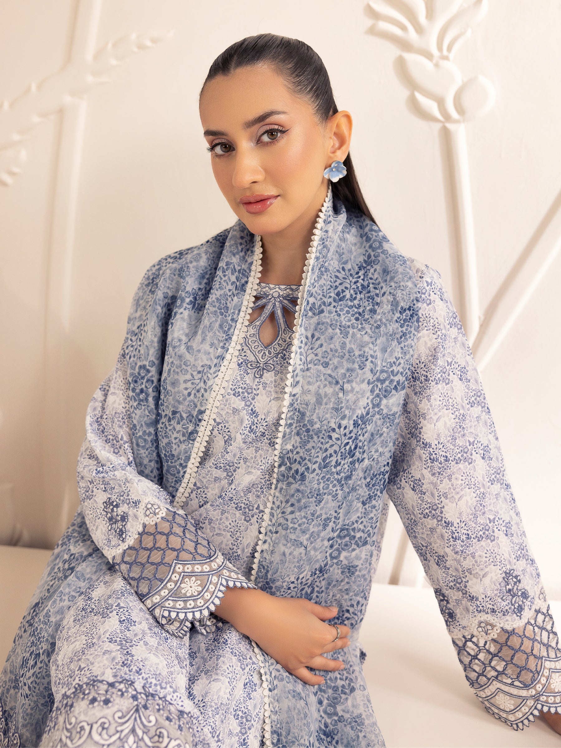 Blue Printed Silk Lawn 3-Piece Suit with Embroidery - Image 25