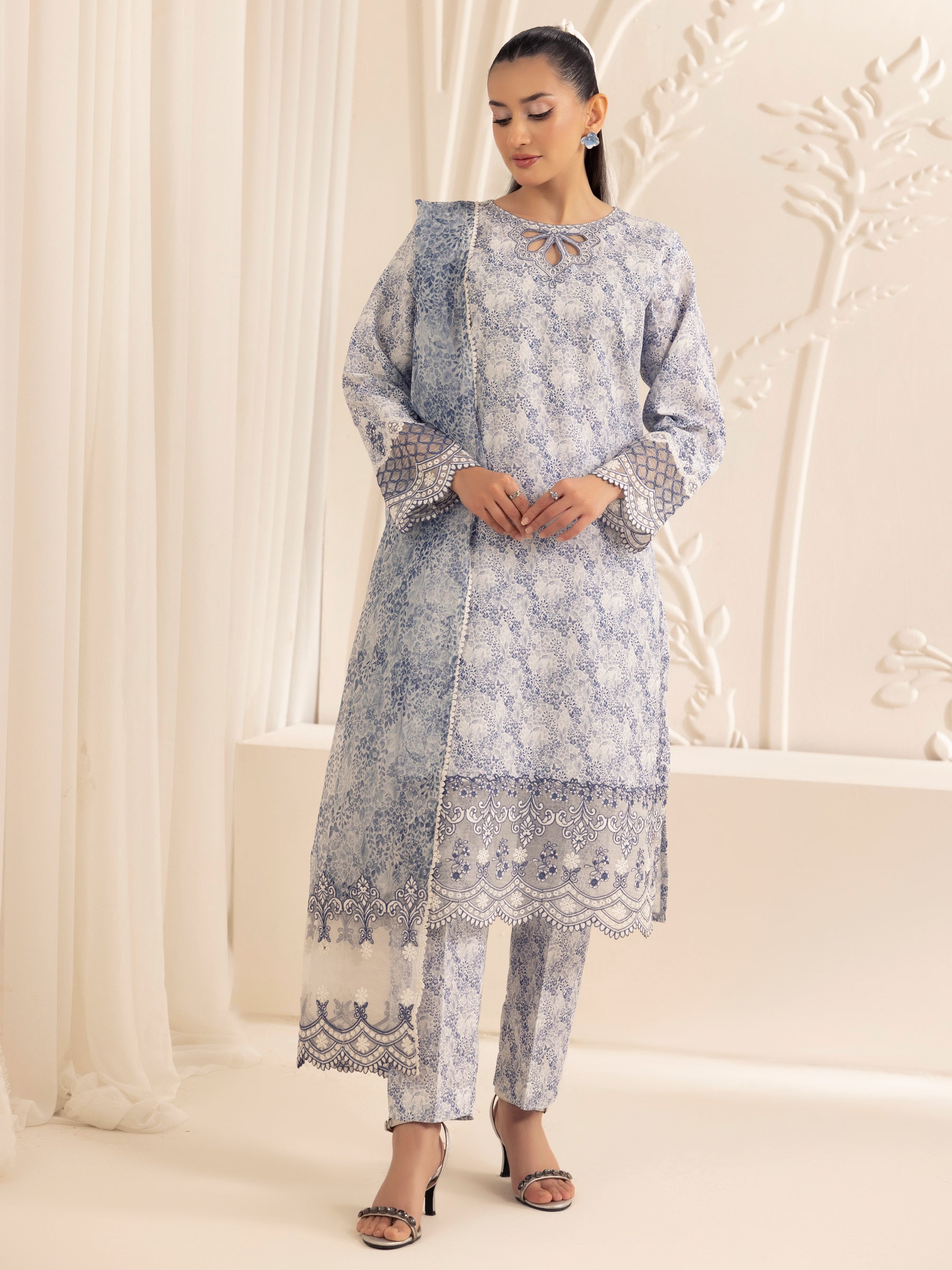Blue Printed Silk Lawn 3-Piece Suit with Embroidery - Image 3