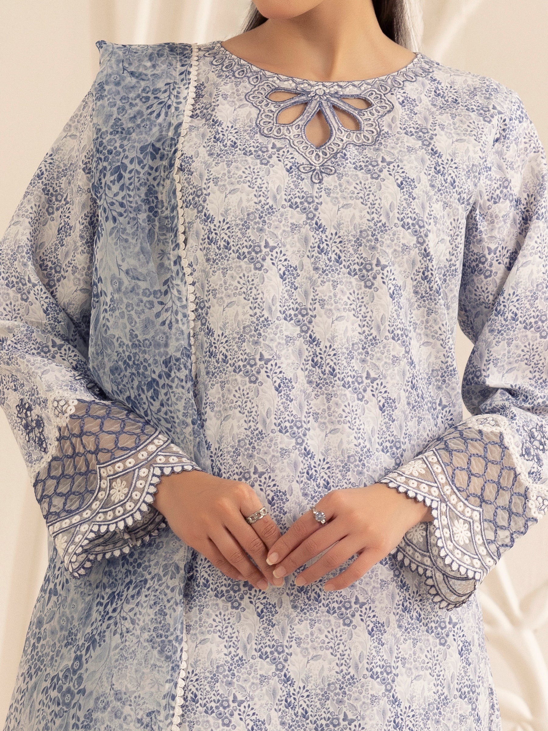 Blue Printed Silk Lawn 3-Piece Suit with Embroidery - Image 7