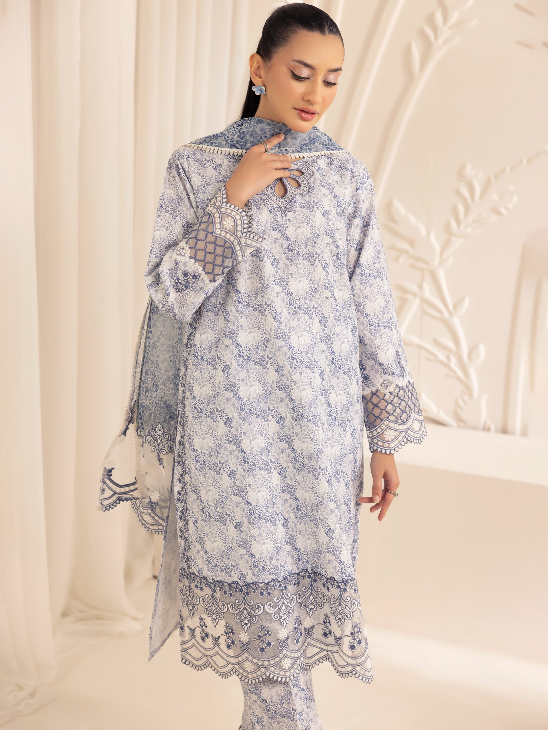 Blue Printed Silk Lawn 3-Piece Suit with Embroidery - Image 9