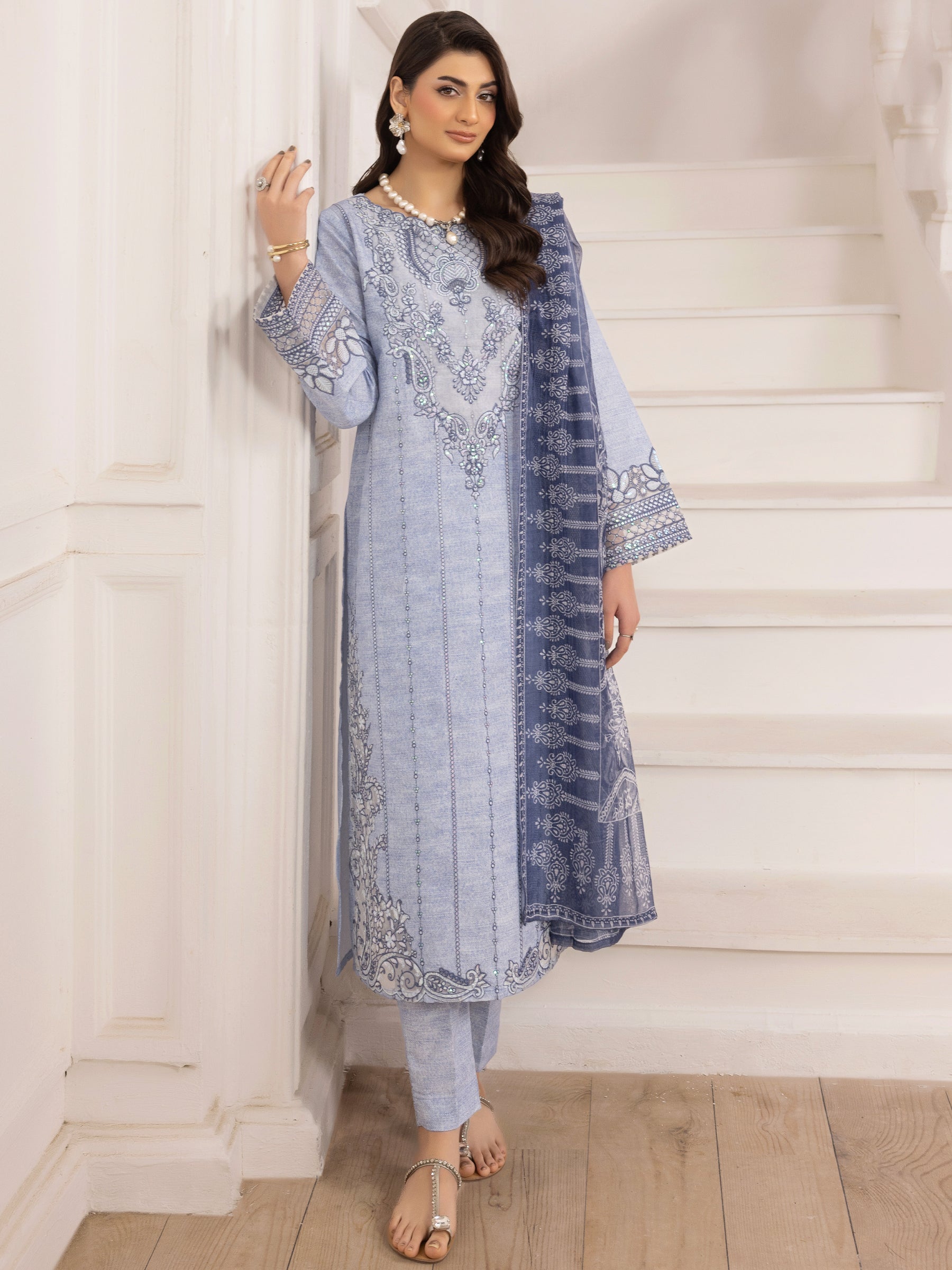 Pakistani Powder Blue Embroidered Silk Lawn Salwar Kameez (3-Piece) - Image 11
