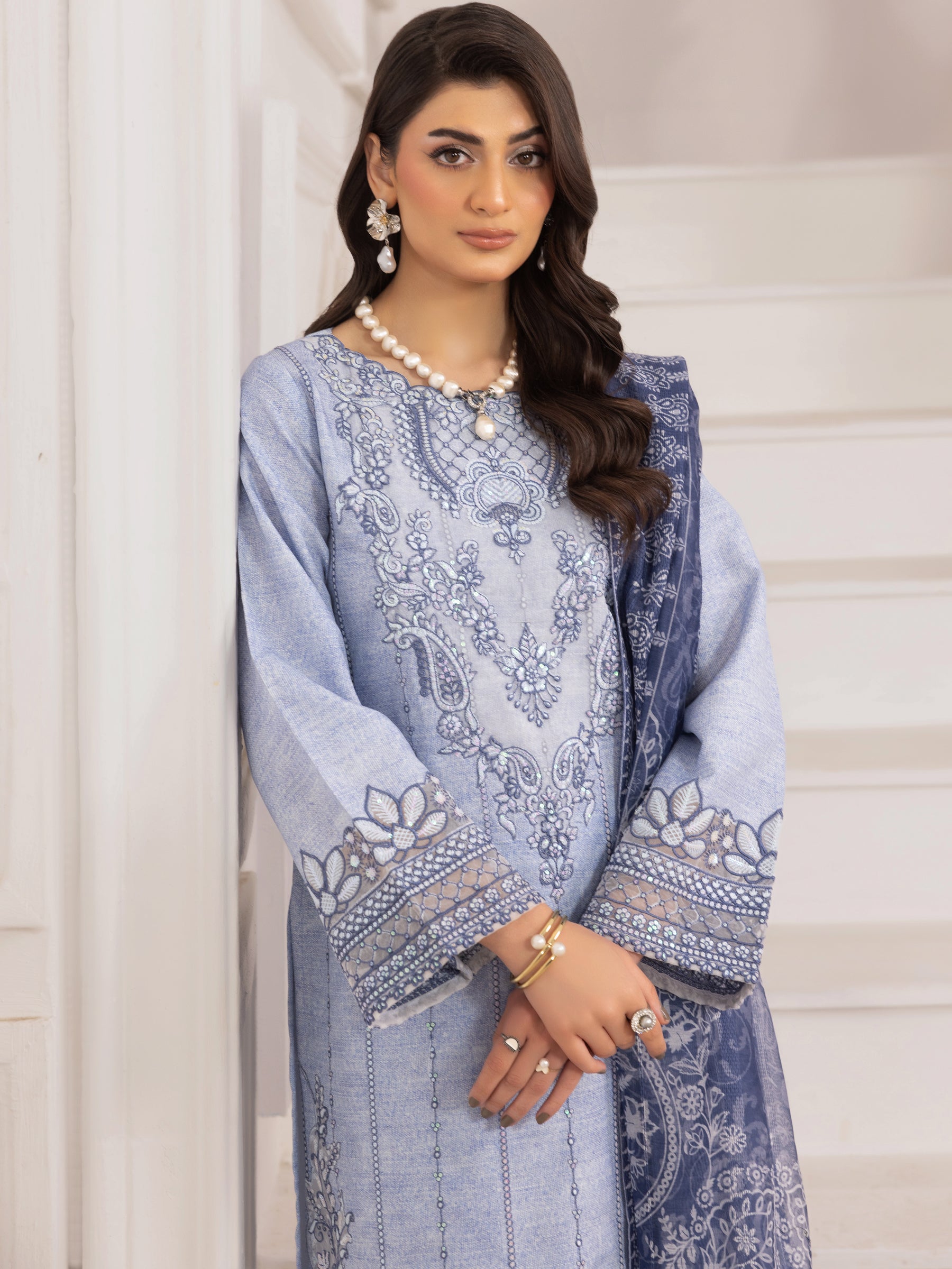Pakistani Powder Blue Embroidered Silk Lawn Salwar Kameez (3-Piece) - Image 12