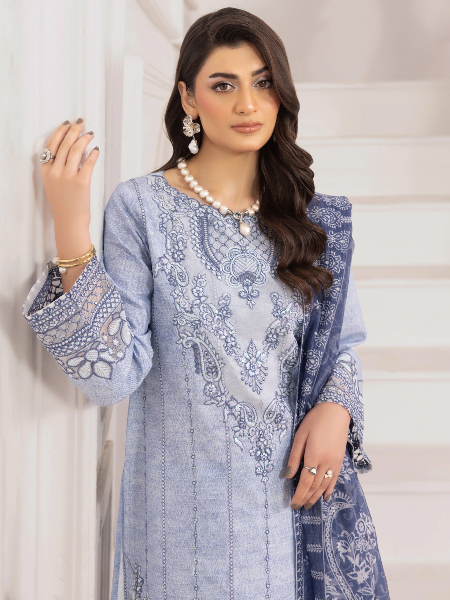 Pakistani Powder Blue Embroidered Silk Lawn Salwar Kameez (3-Piece) - Image 13