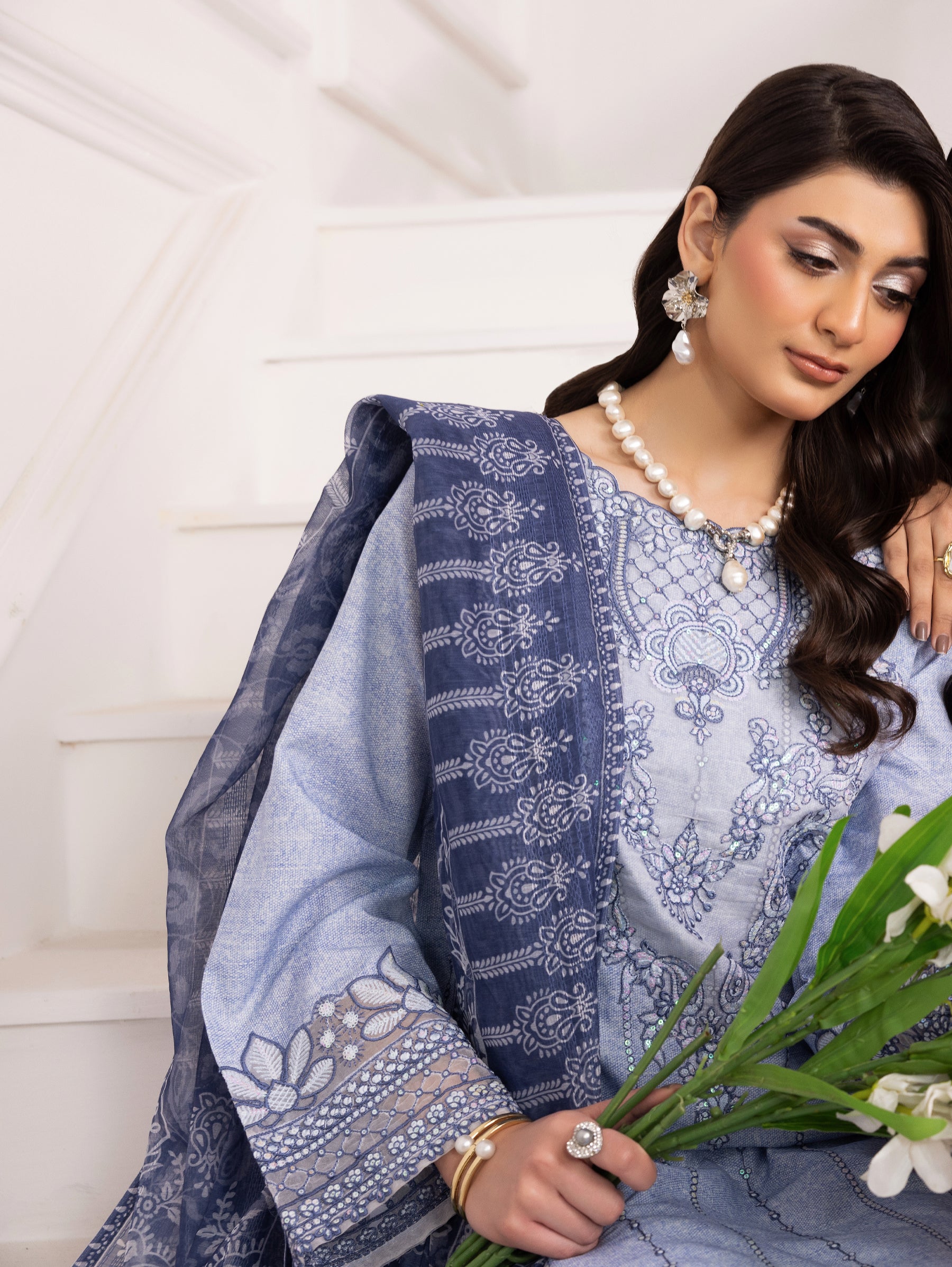 Pakistani Powder Blue Embroidered Silk Lawn Salwar Kameez (3-Piece) - Image 15