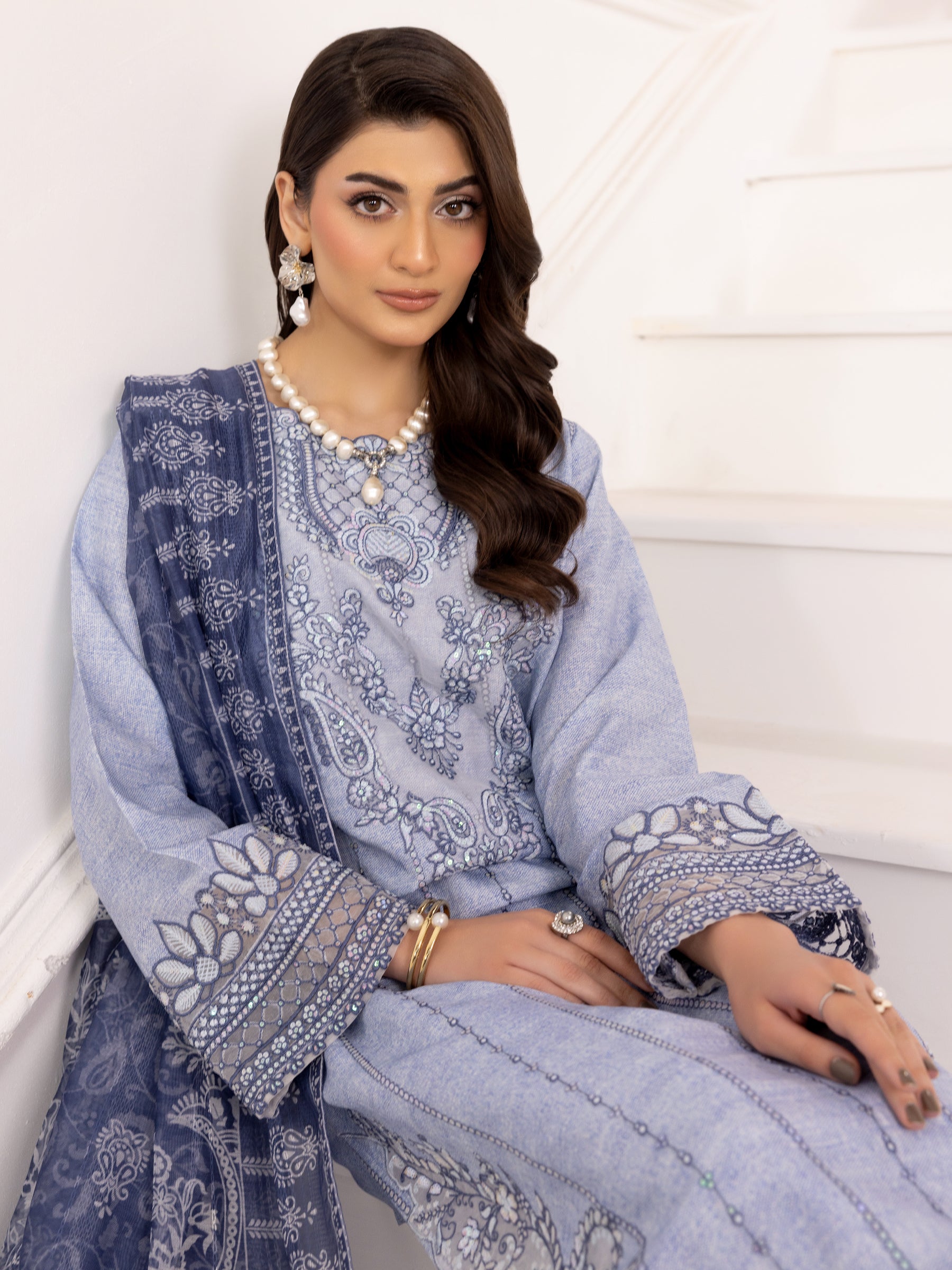 Pakistani Powder Blue Embroidered Silk Lawn Salwar Kameez (3-Piece) - Image 16