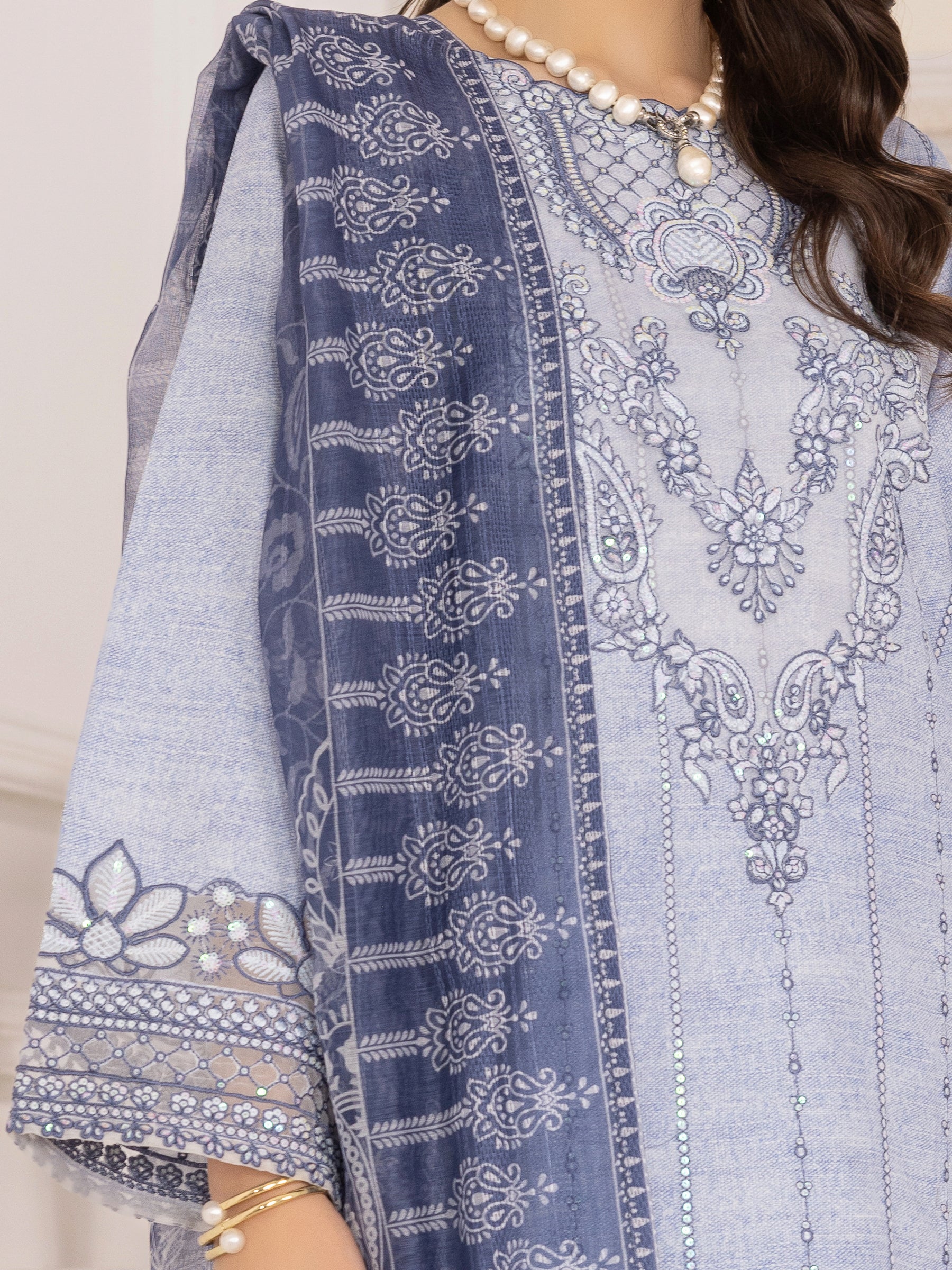 Pakistani Powder Blue Embroidered Silk Lawn Salwar Kameez (3-Piece) - Image 17