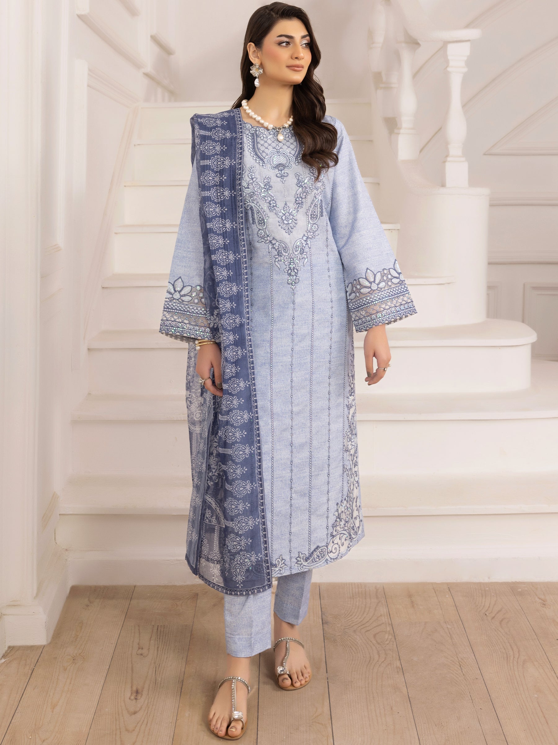 Pakistani Powder Blue Embroidered Silk Lawn Salwar Kameez (3-Piece) - Image 2