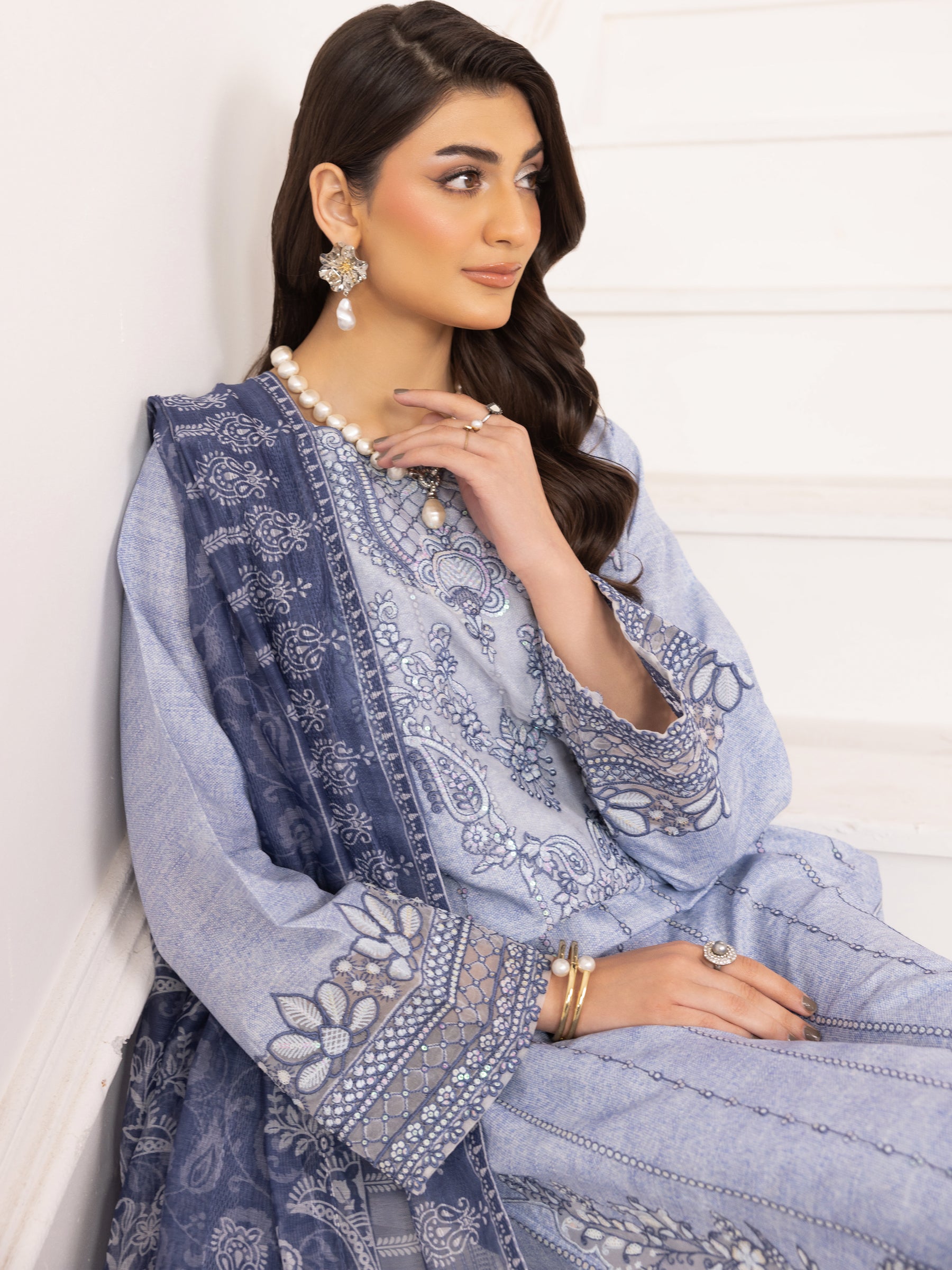 Pakistani Powder Blue Embroidered Silk Lawn Salwar Kameez (3-Piece) - Image 3