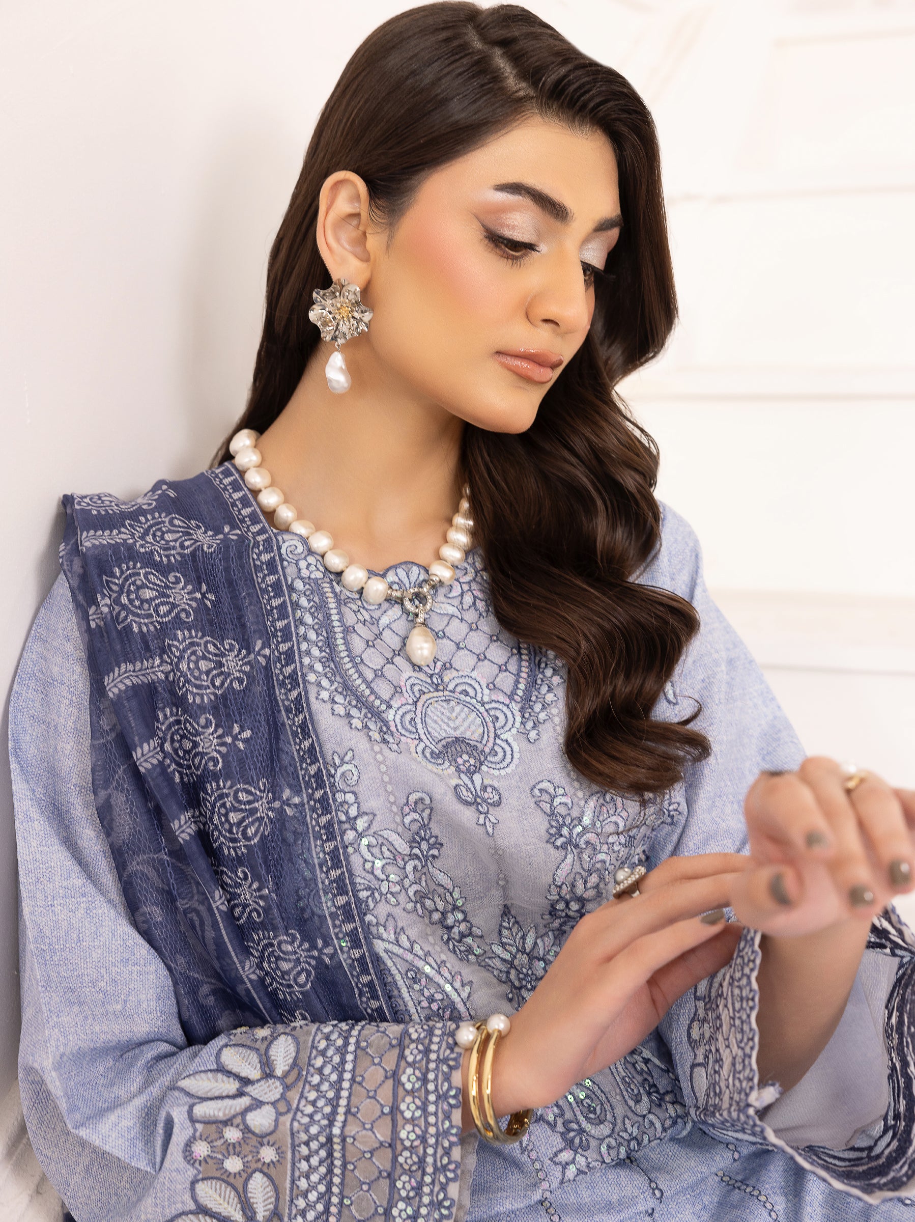 Pakistani Powder Blue Embroidered Silk Lawn Salwar Kameez (3-Piece) - Image 4
