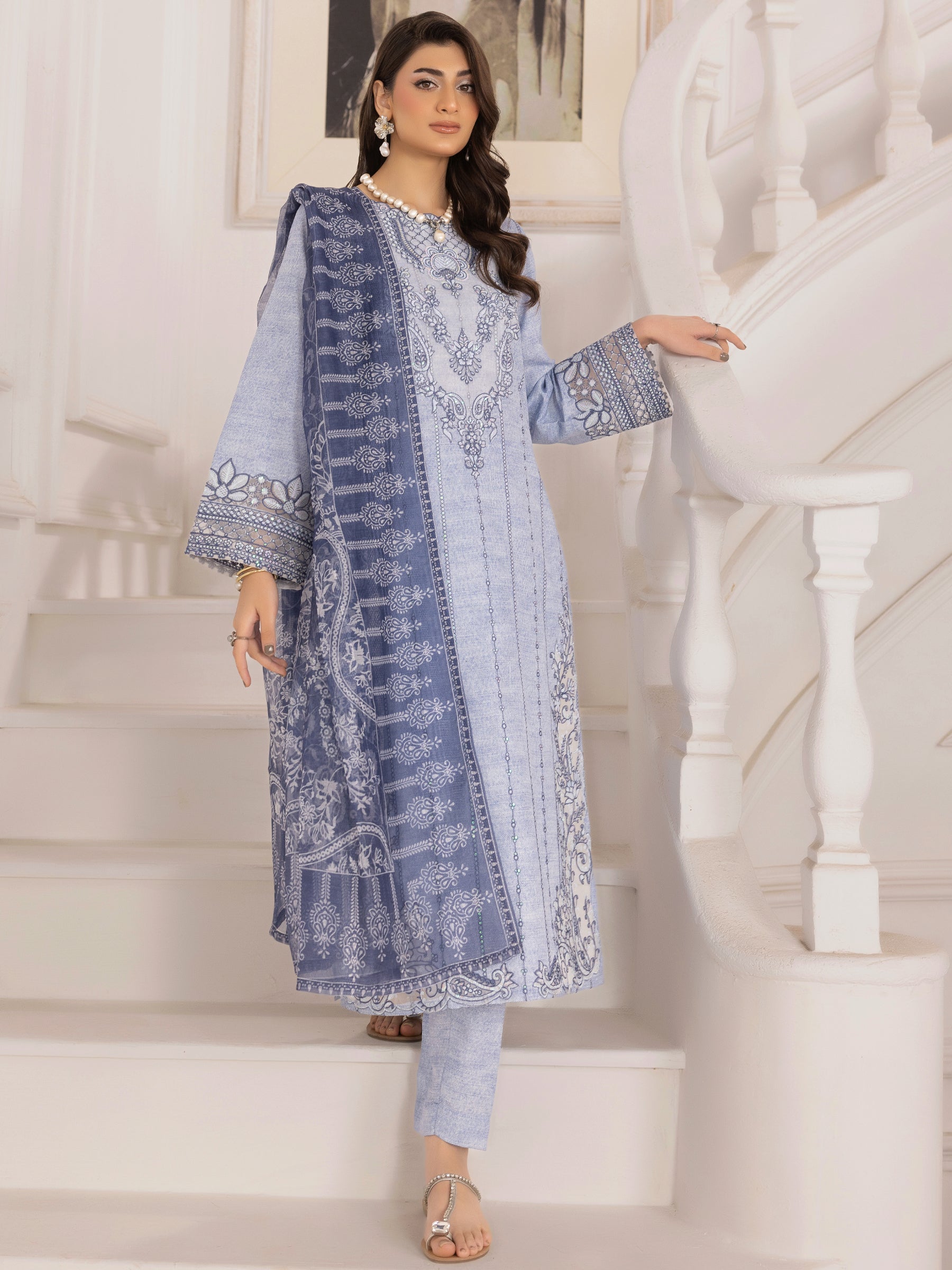 Pakistani Powder Blue Embroidered Silk Lawn Salwar Kameez (3-Piece) - Image 5