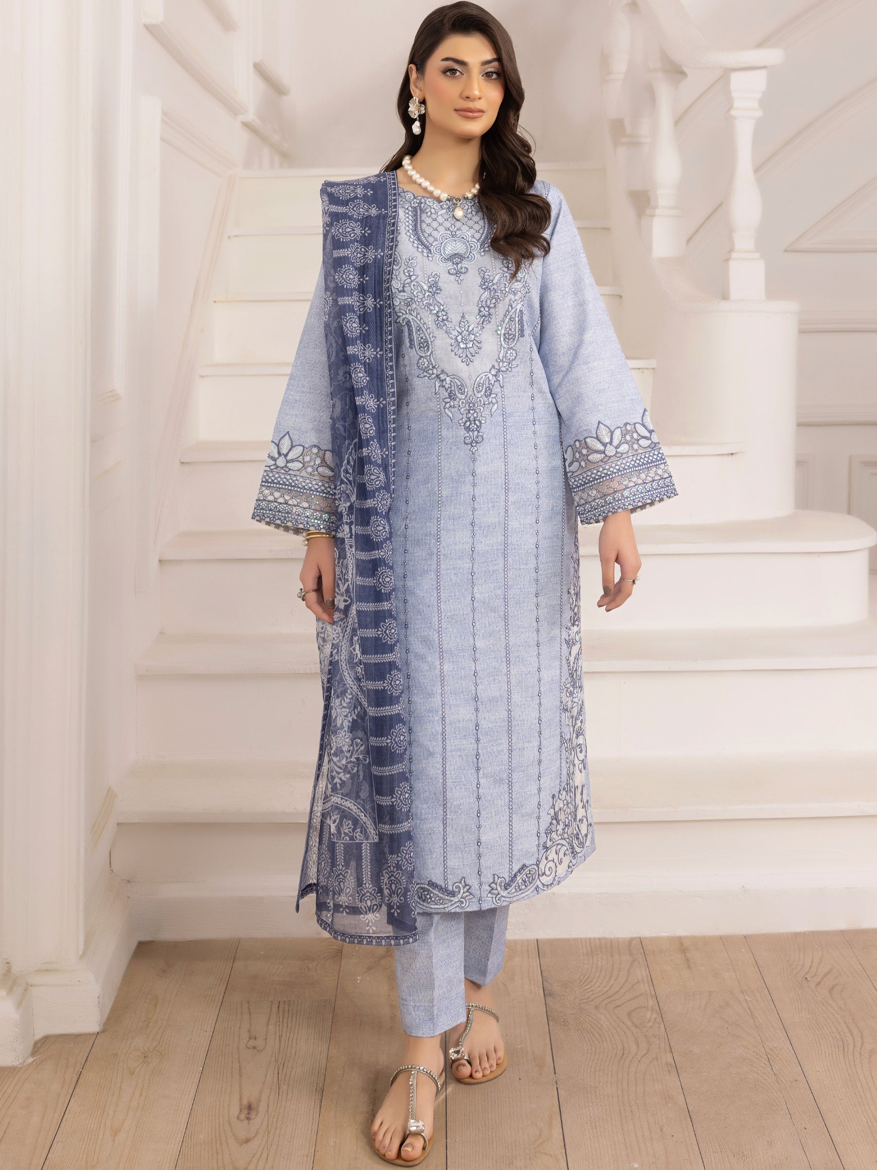 Pakistani Powder Blue Embroidered Silk Lawn Salwar Kameez (3-Piece) - Image 6