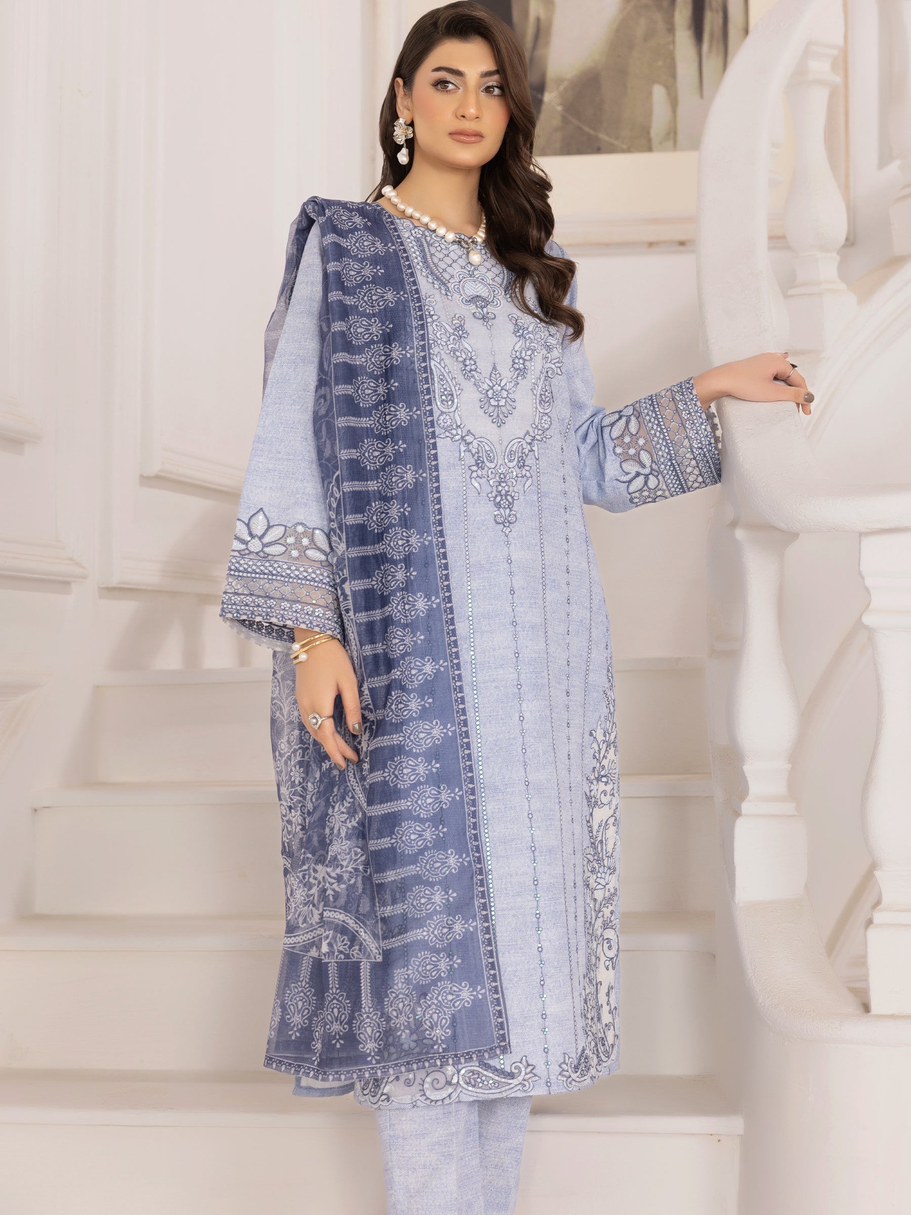 Pakistani Powder Blue Embroidered Silk Lawn Salwar Kameez (3-Piece) - Image 7