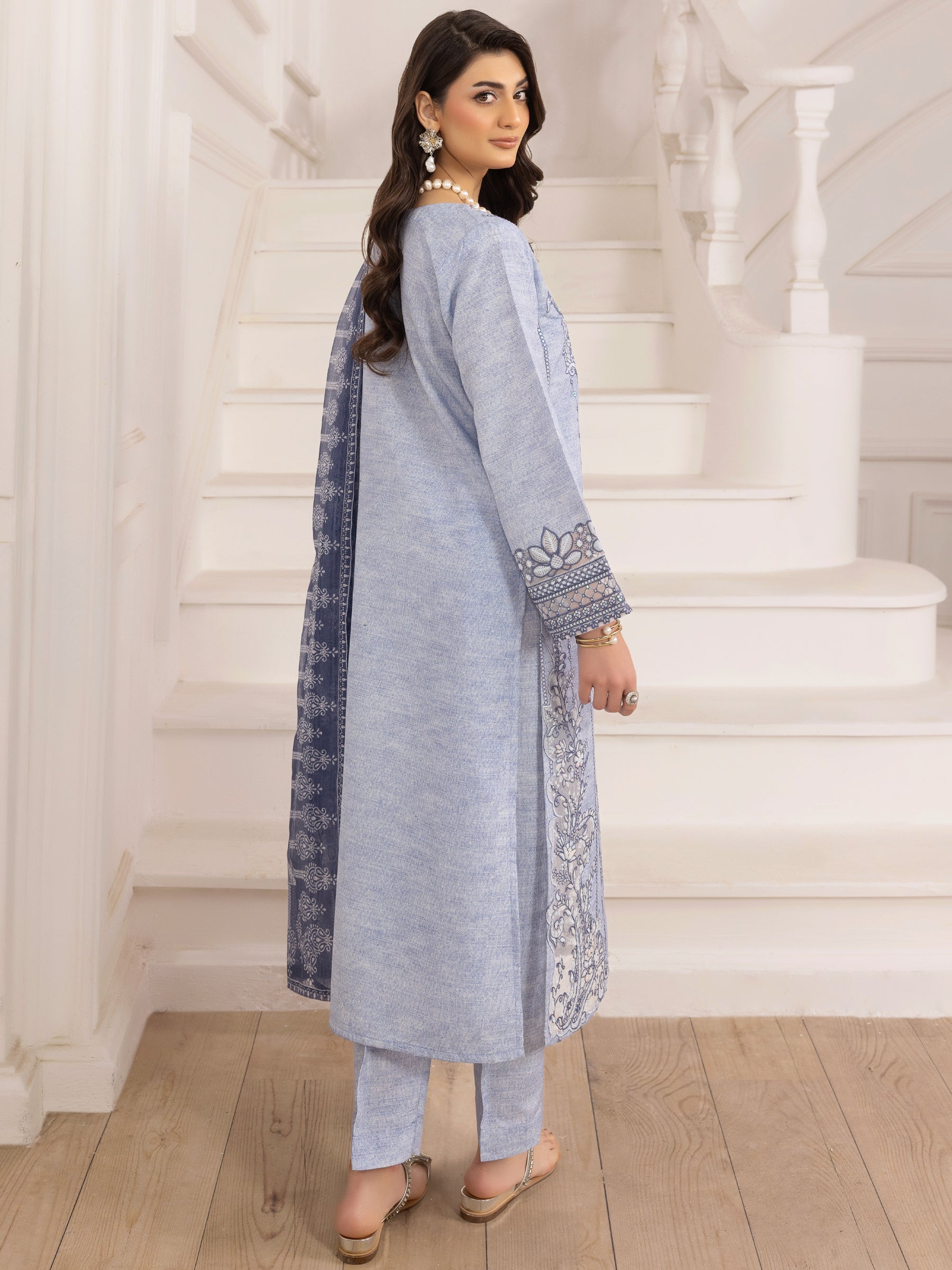 Pakistani Powder Blue Embroidered Silk Lawn Salwar Kameez (3-Piece) - Image 8