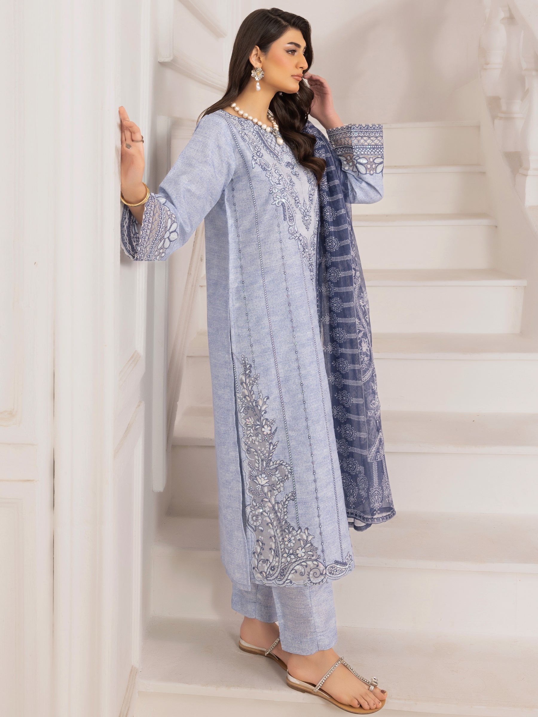 Pakistani Powder Blue Embroidered Silk Lawn Salwar Kameez (3-Piece) - Image 9
