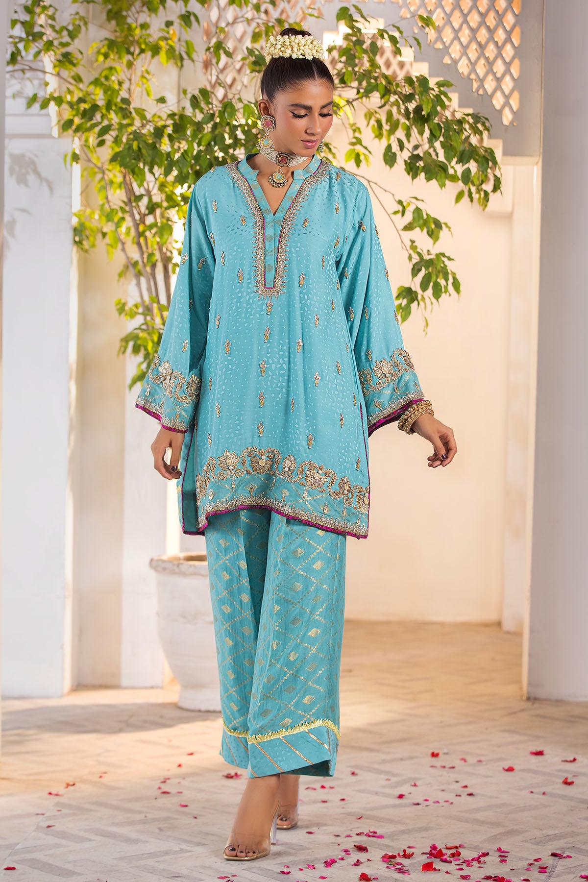 Light Blue Embroidered Silk Salwar Kameez (2-Piece) - Image 1