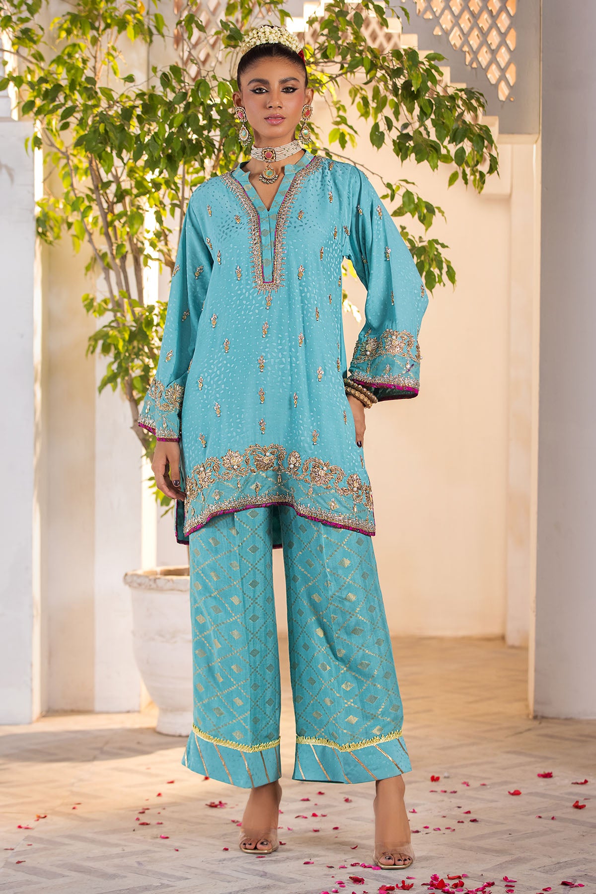 Light Blue Embroidered Silk Salwar Kameez (2-Piece) - Image 2