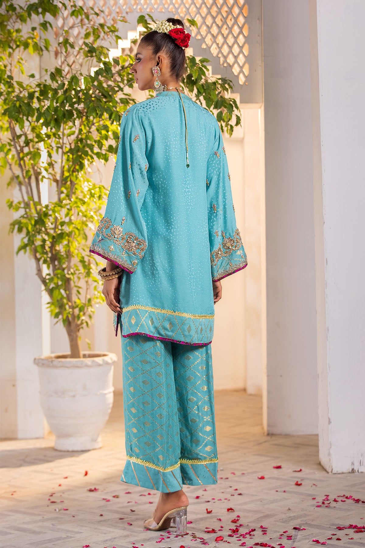 Light Blue Embroidered Silk Salwar Kameez (2-Piece) - Image 3