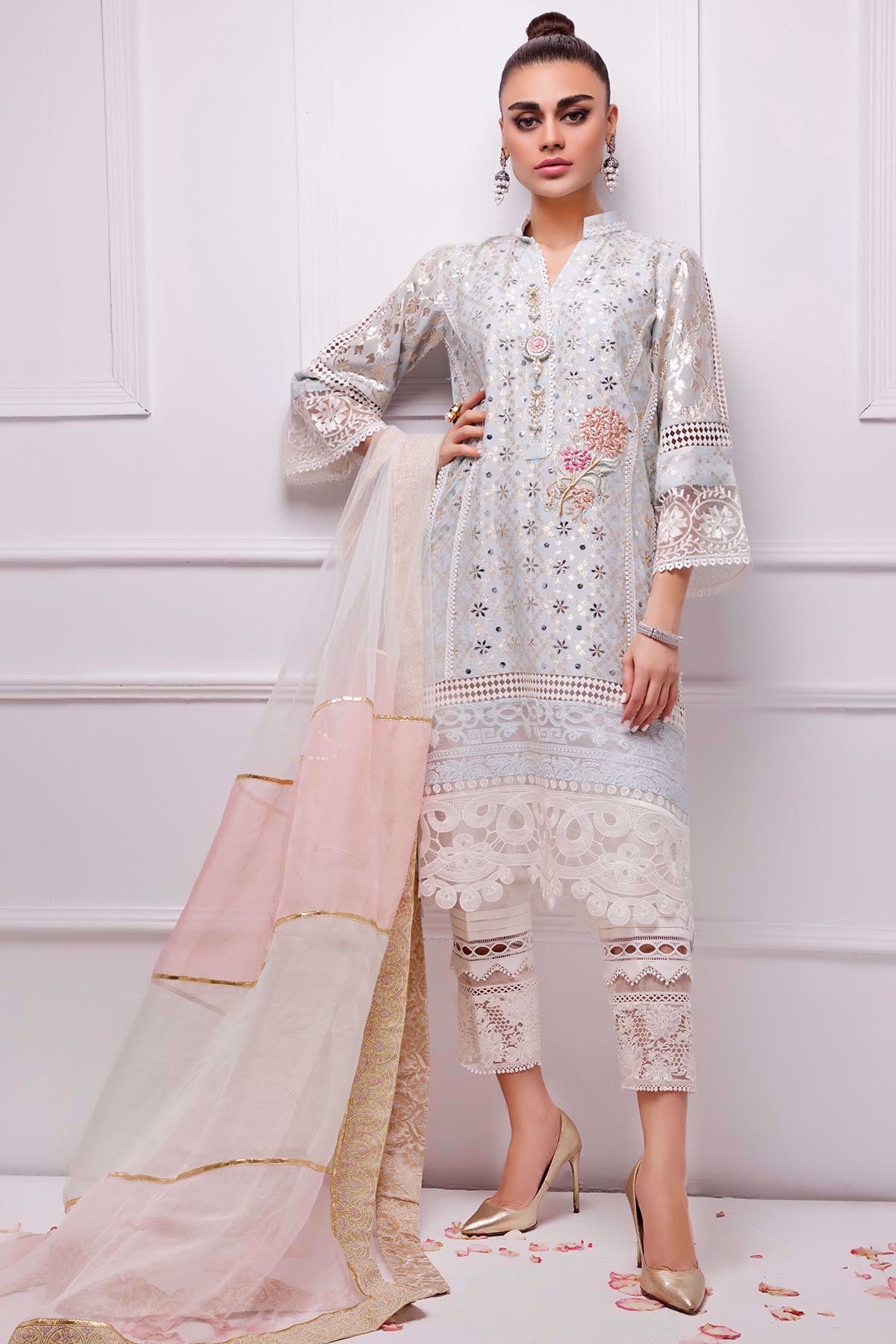 Ice Blue Kaamdani Silk Net Salwar Kameez (3-Piece) - Image 1