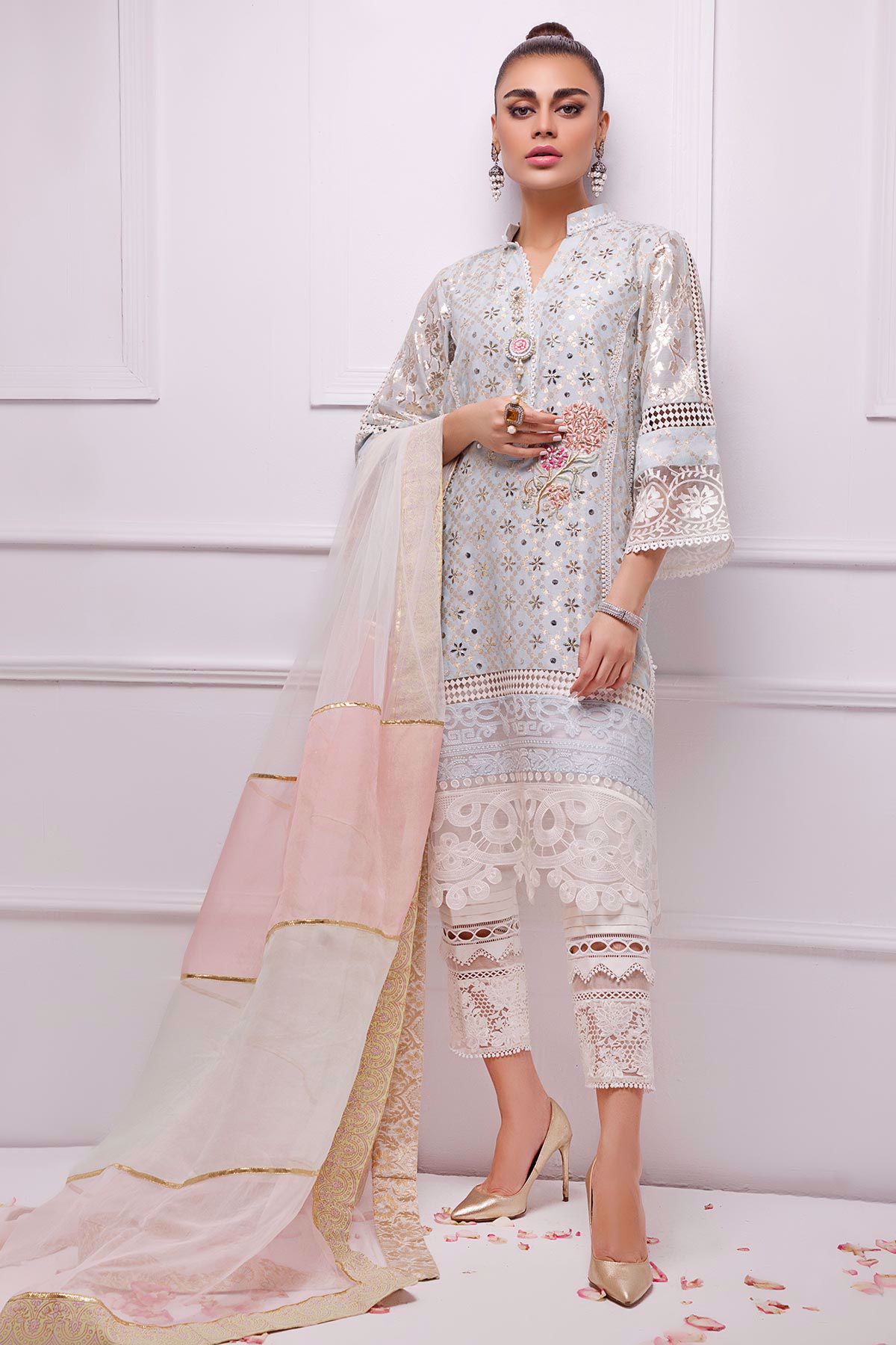 Ice Blue Kaamdani Silk Net Salwar Kameez (3-Piece) - Image 9