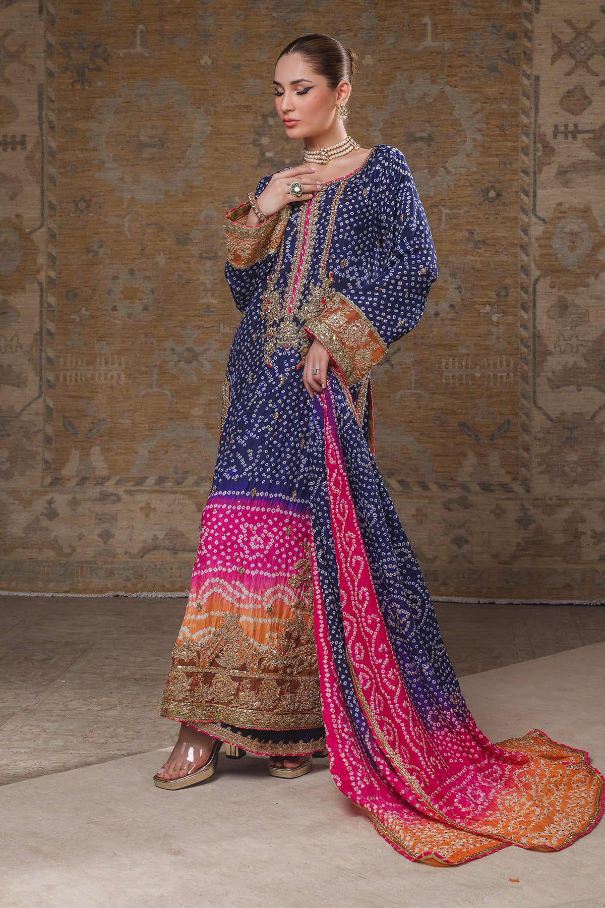 Pakistani Blue Embroidered Silk Chunri Kameez (3-Piece) - Image 1