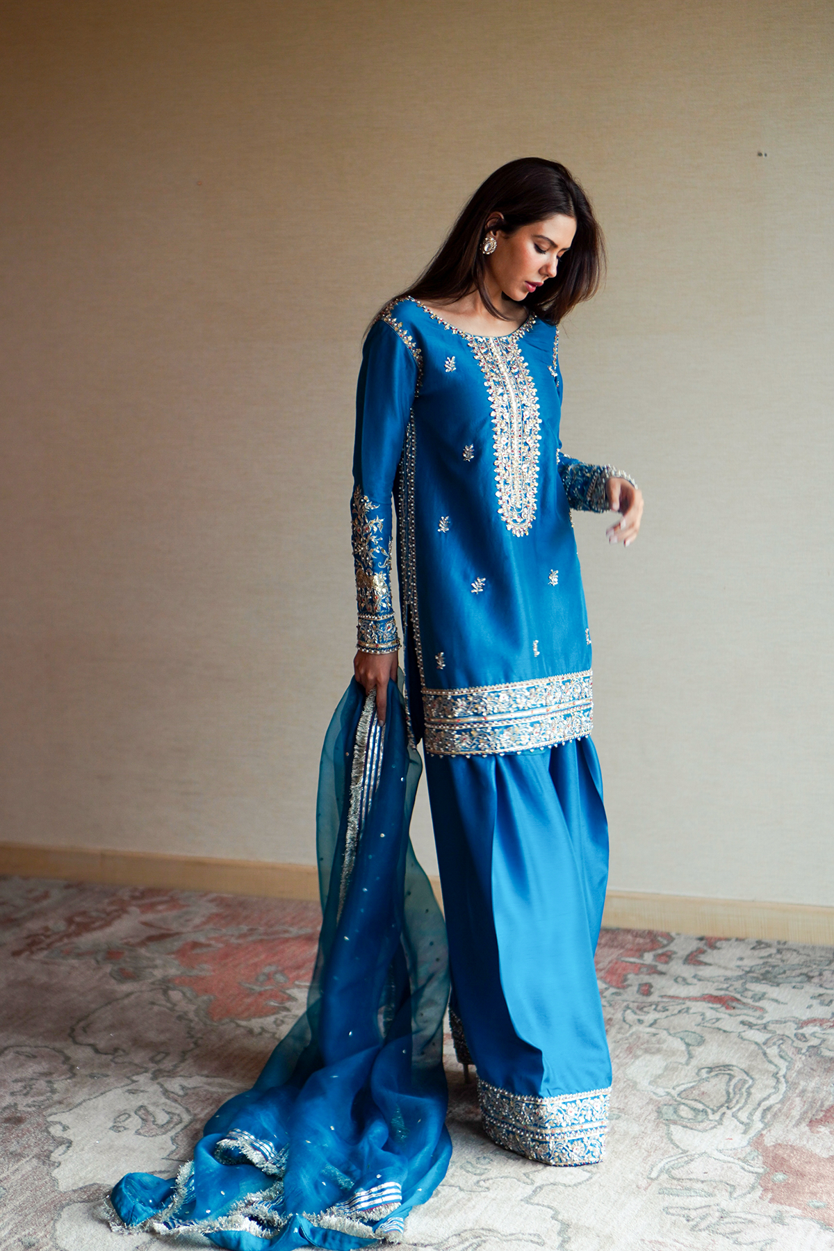 Aqua-Blue Embroidered Silk Salwar Kameez (3-Piece) - Image 1