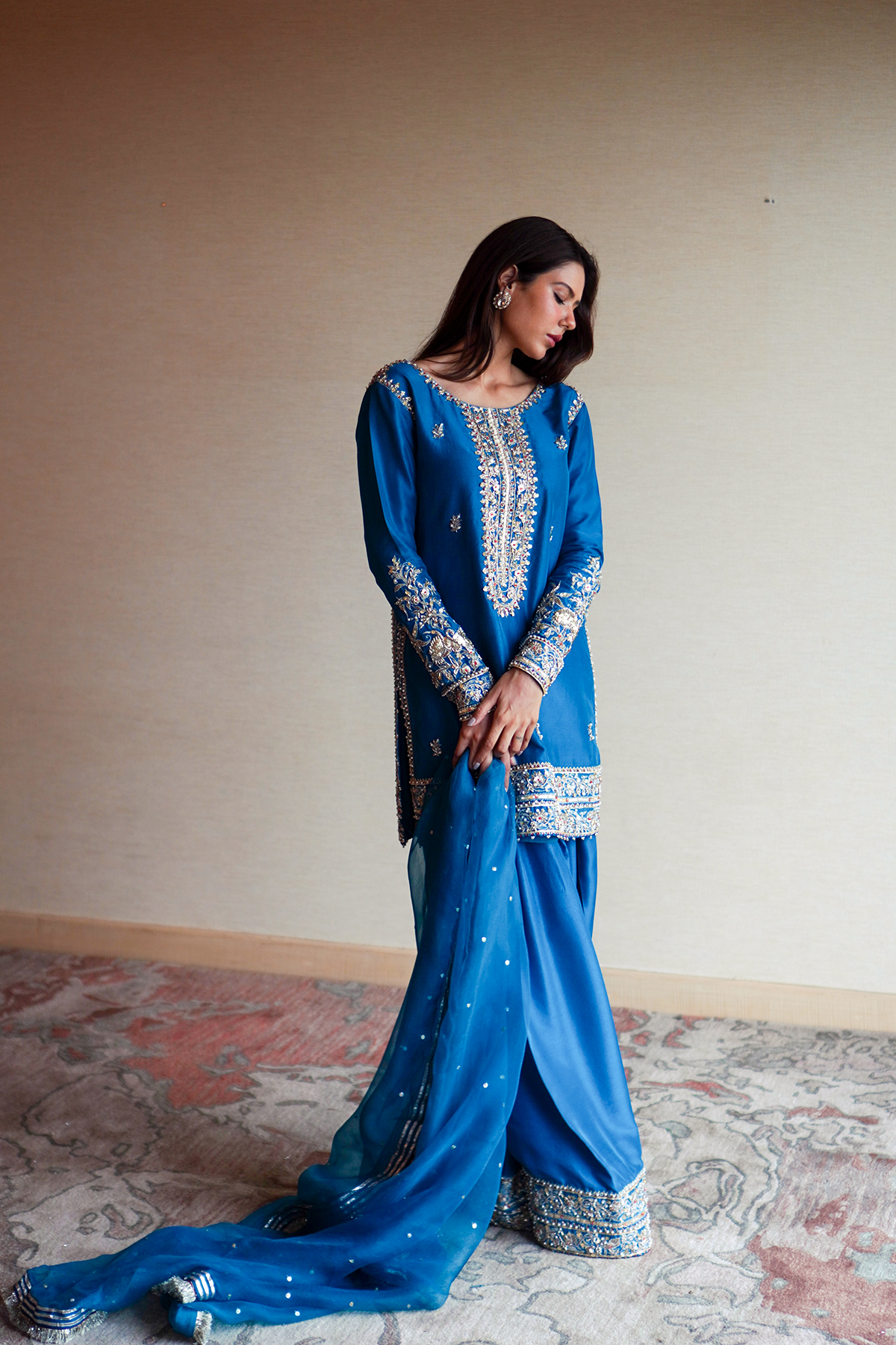 Aqua-Blue Embroidered Silk Salwar Kameez (3-Piece) - Image 2
