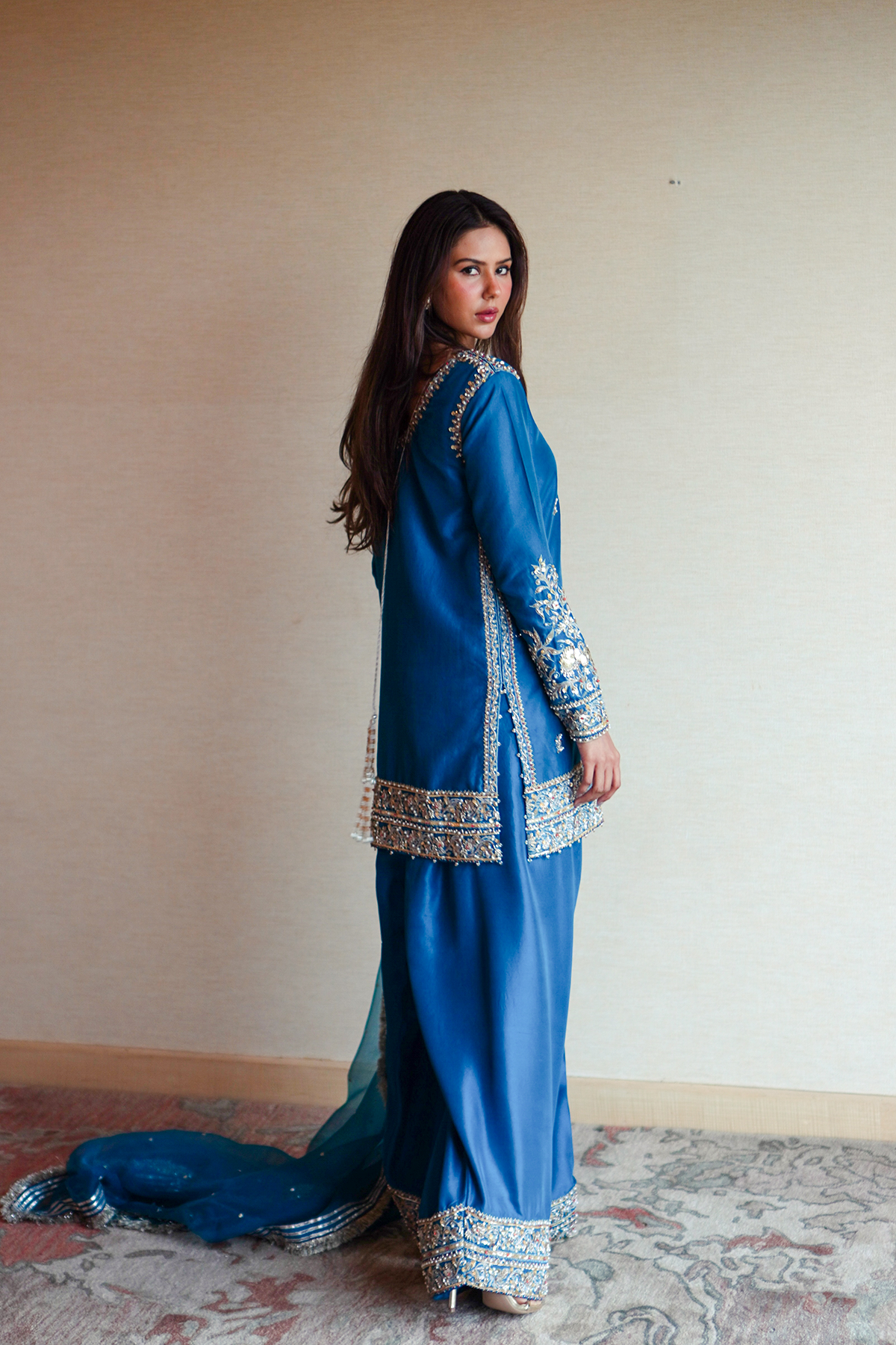 Aqua-Blue Embroidered Silk Salwar Kameez (3-Piece) - Image 3