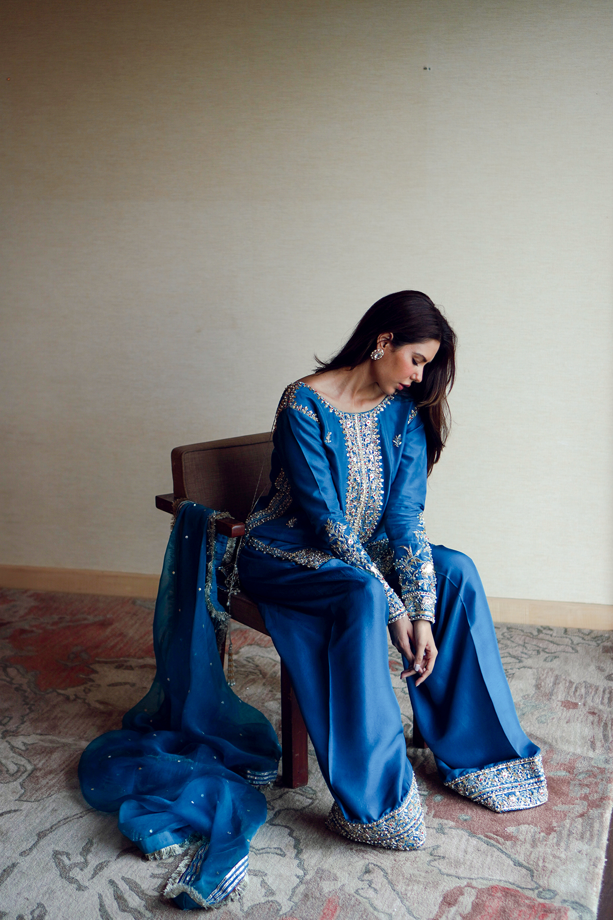 Aqua-Blue Embroidered Silk Salwar Kameez (3-Piece) - Image 4