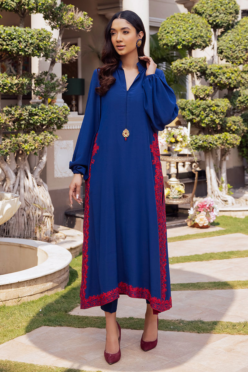 Pakistani Blue Embroidered Silk Salwar Kameez (2-Piece) - Image 1