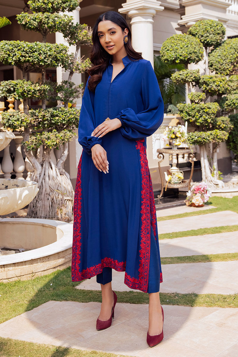 Pakistani Blue Embroidered Silk Salwar Kameez (2-Piece) - Image 3